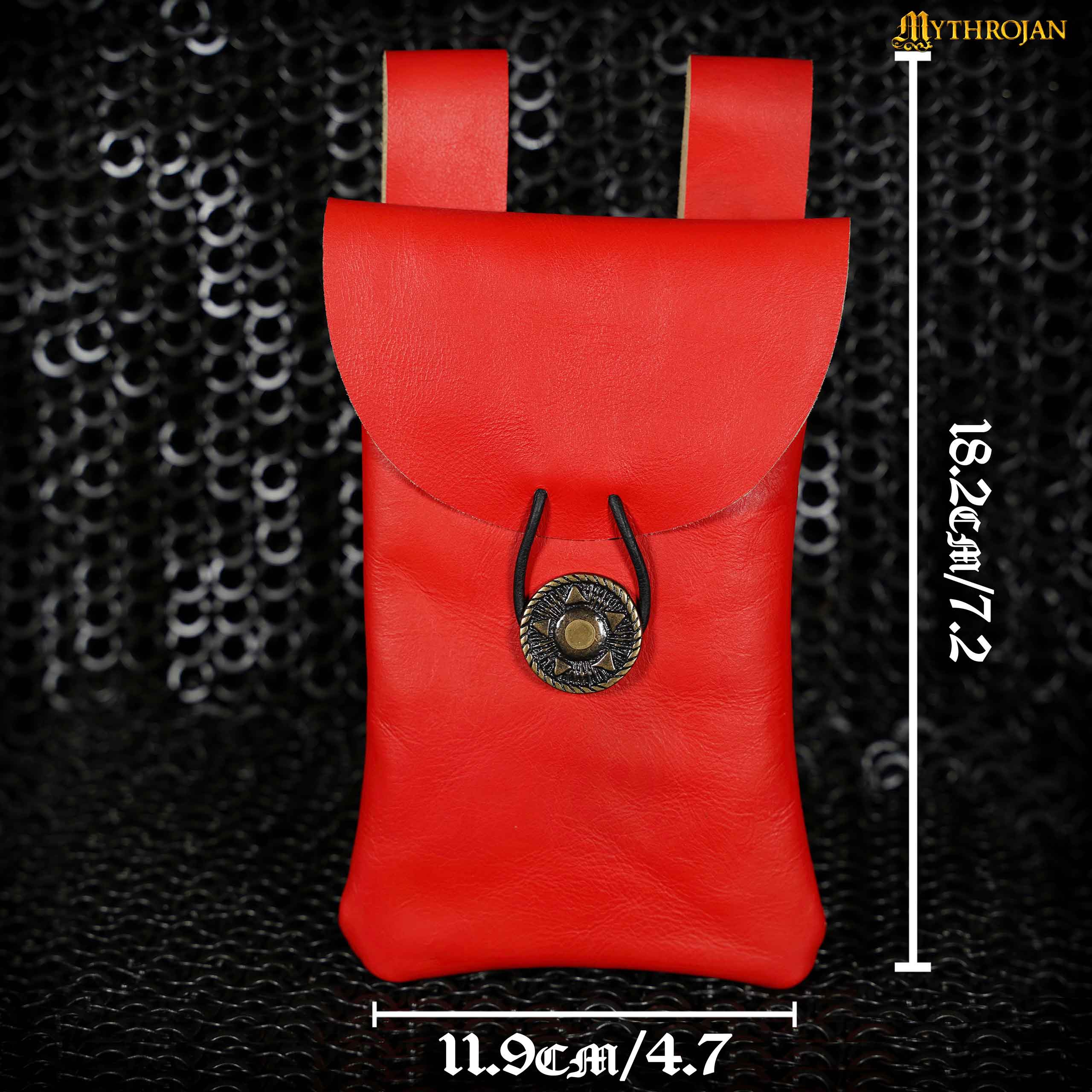 Mythrojan Leather Belt Bag, Ideal for SCA LARP Reenactment & Ren fair, Full Grain Leather, Red , 7.2 ”× 4.7 ”