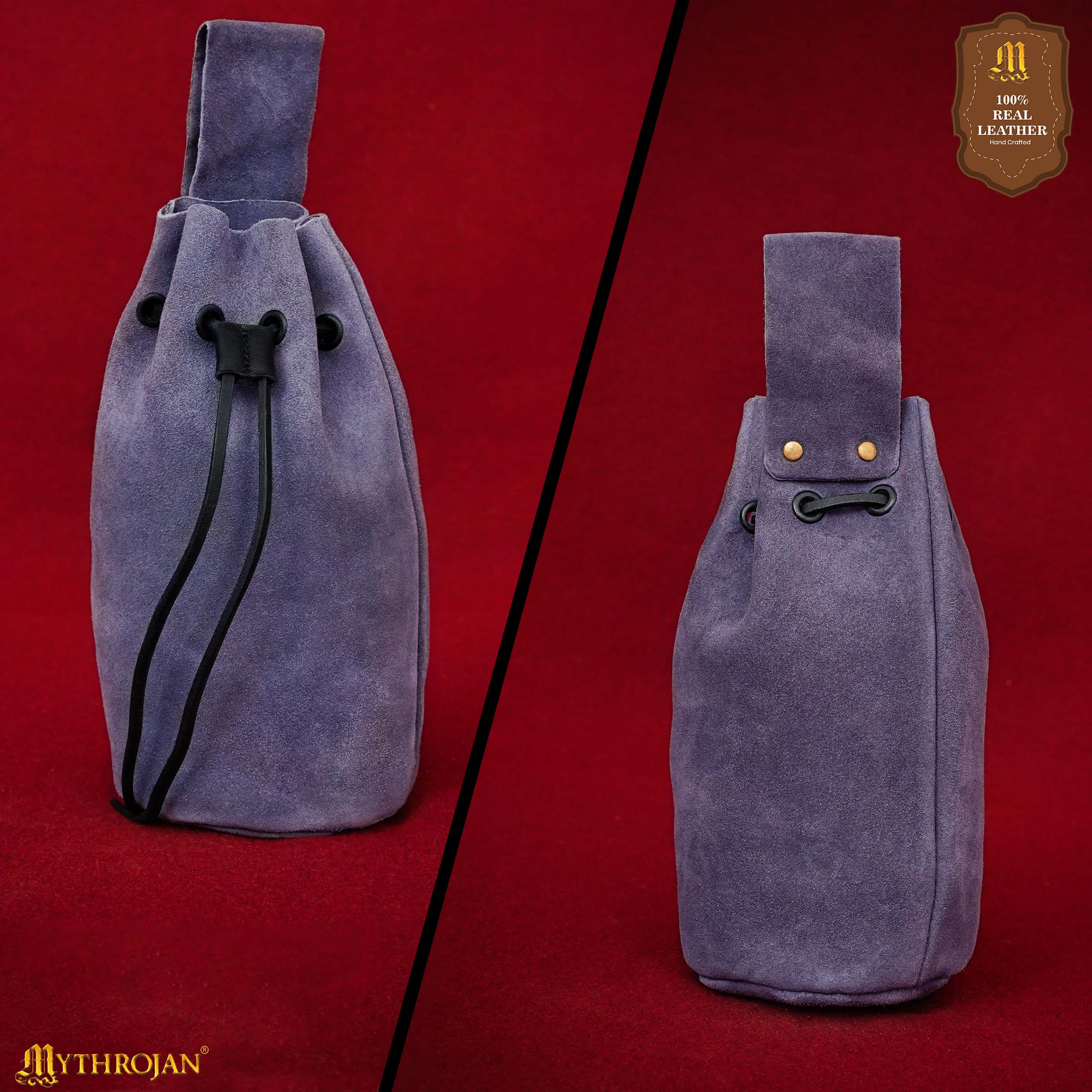 Mythrojan Medieval Drawstring Belt Bag, Ideal for SCA LARP Reenactment & Ren Fair, Suede Leather, Dark Blue, 8”×6.5”