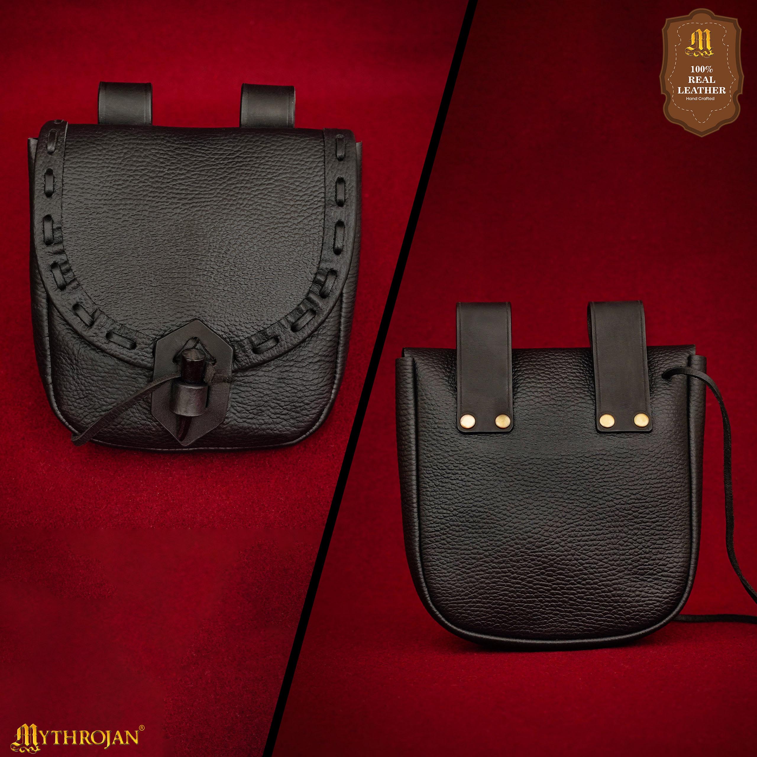 Mythrojan “The Adventurer’s” Belt Bag with Horn Toggle, ideal for SCA LARP reenactment & Ren fair, Full Grain Leather, Black 7”