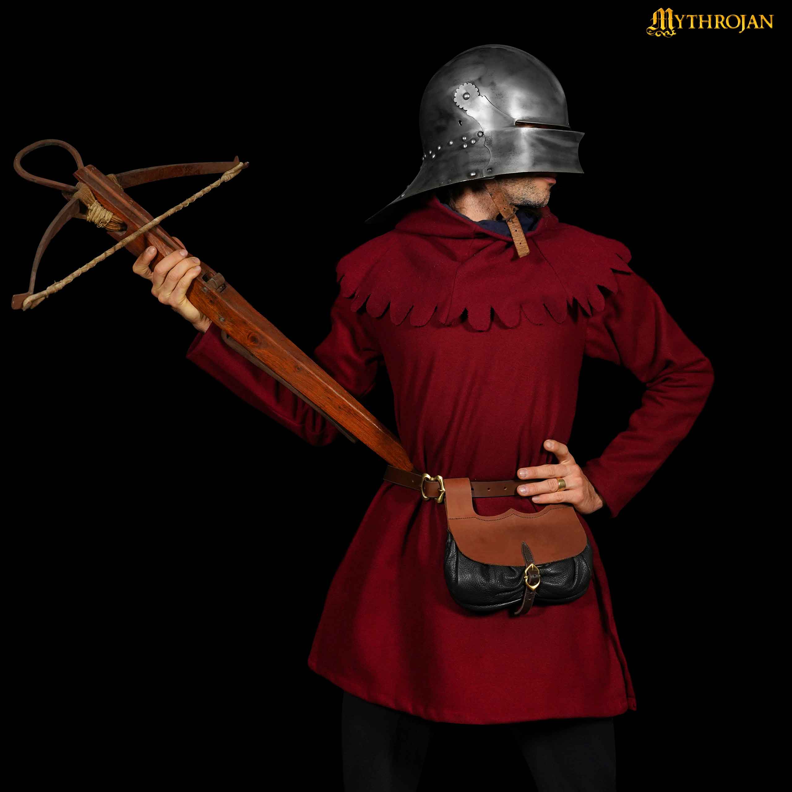 Mythrojan Medieval Belt Bag with Solid Brass Buckle , Ideal for Cosplay SCA LARP Reenactment & Ren fair, Full Grain Leather, Brown and Black, 8.2 ” × 8.6”