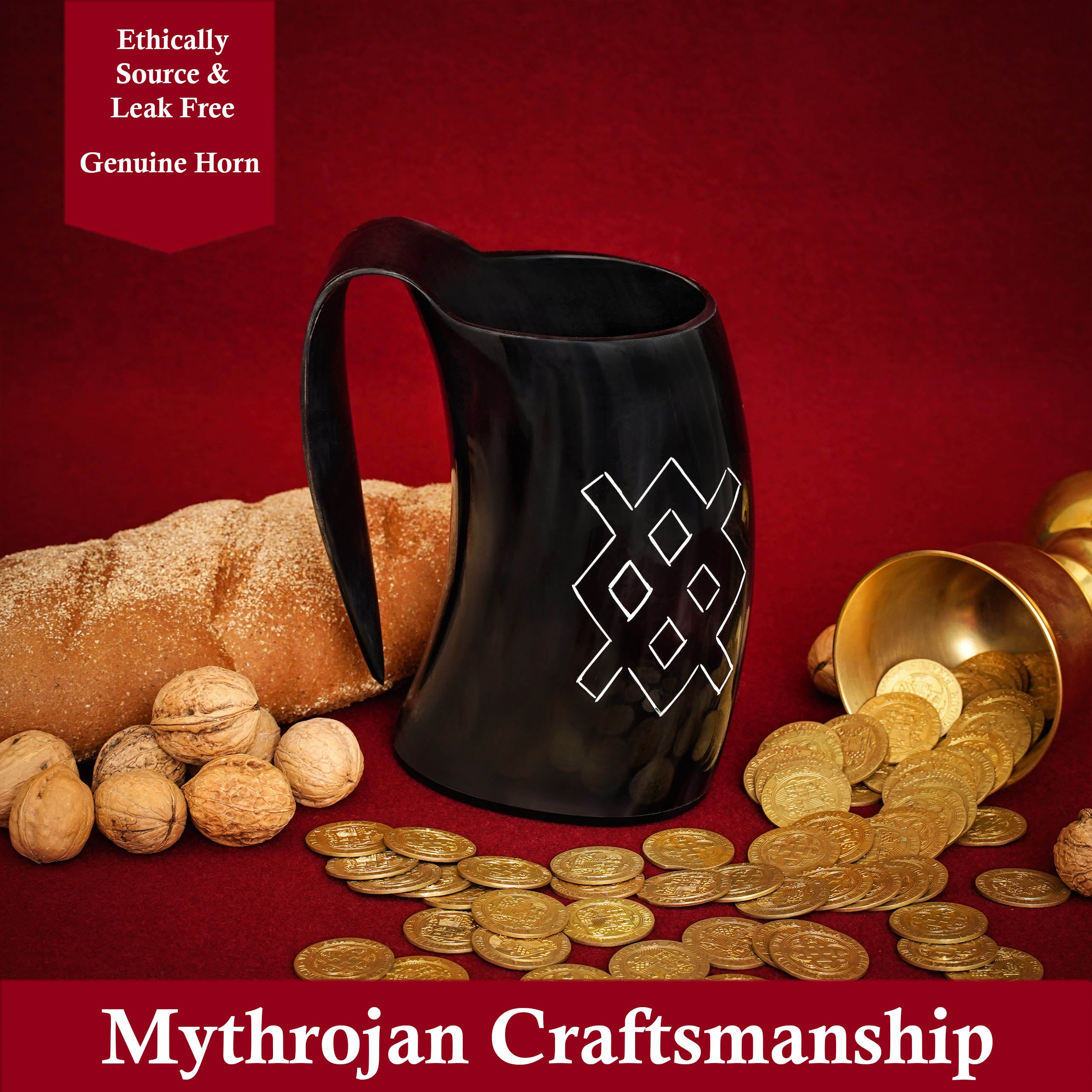 Mythrojan Tumbler Viking Drinking Cup with Handle & Medieval Buckle Renaissance with Leather Strap - Unique Patern