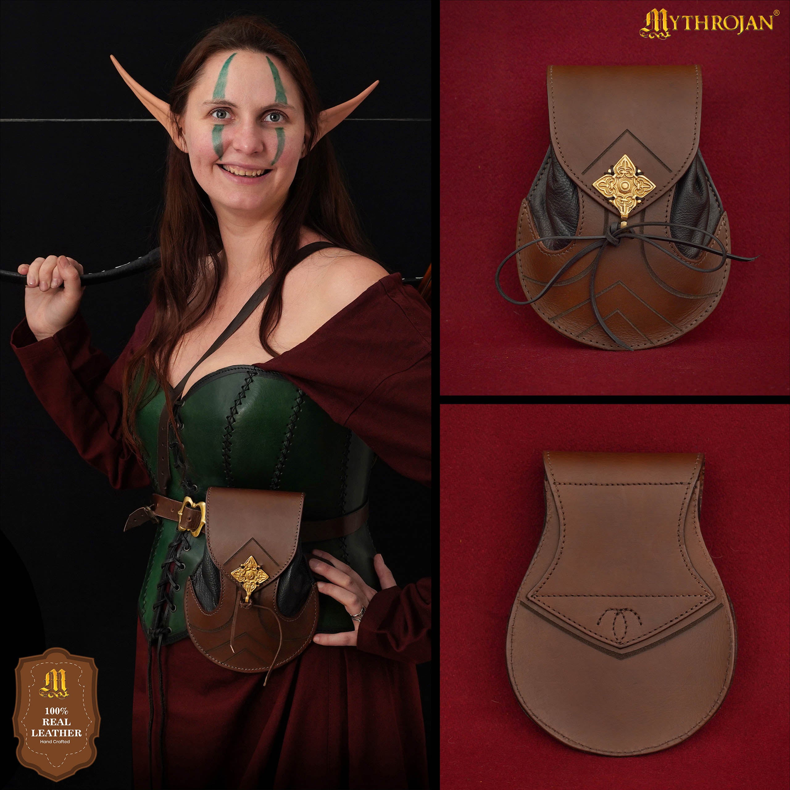 Mythrojan Elven Leather bag: Ideal for LARP, Cosplay, Elvish Costume & Dark Elf Outfit , 8. 2 ” x6 .1 ”