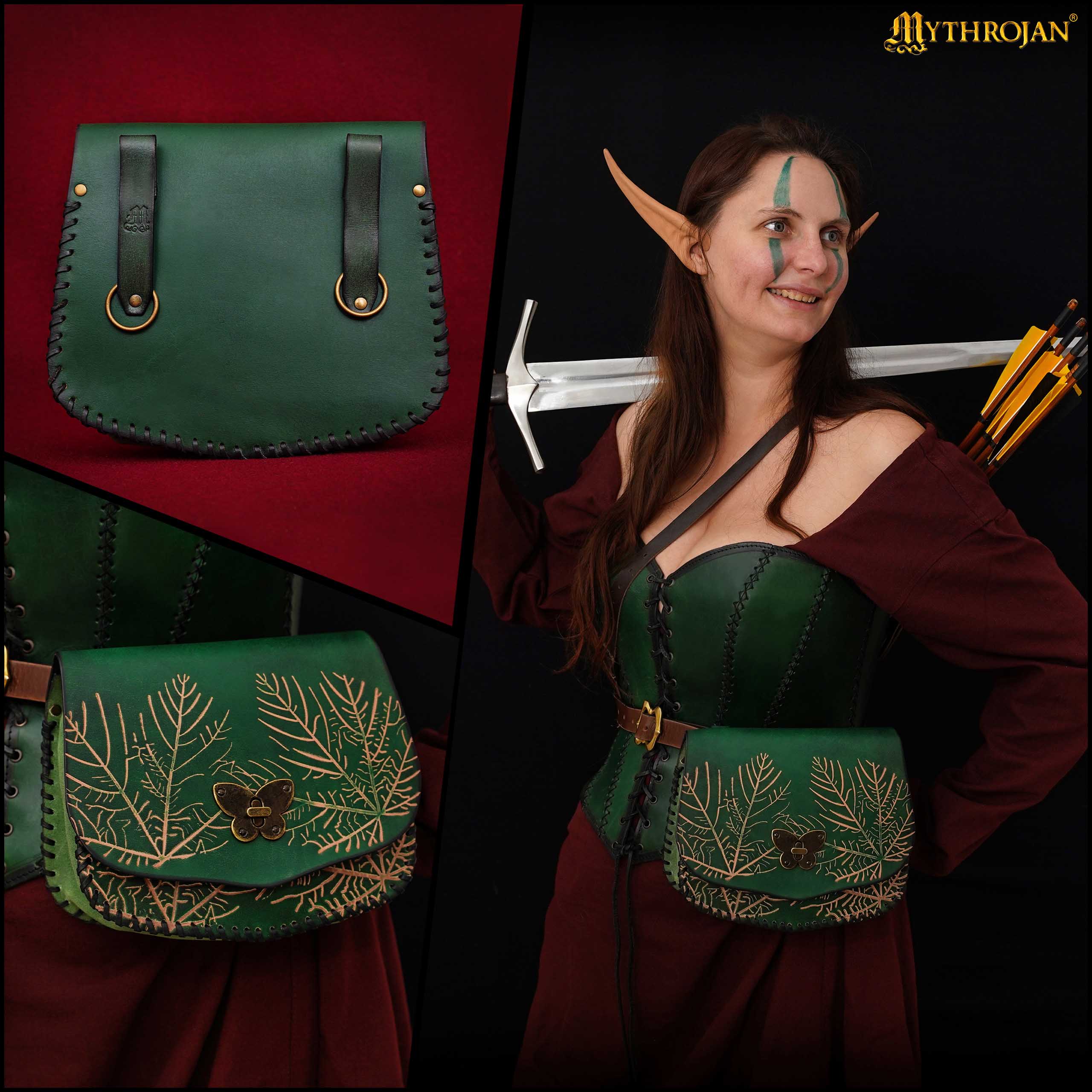 Mythrojan "Forest Grace" Elven Leather Pouch: Ideal for LARP, Cosplay, Elvish Costume & Healer or Ranger Outfit , 7.4” x8.8 ” x2.9 ”