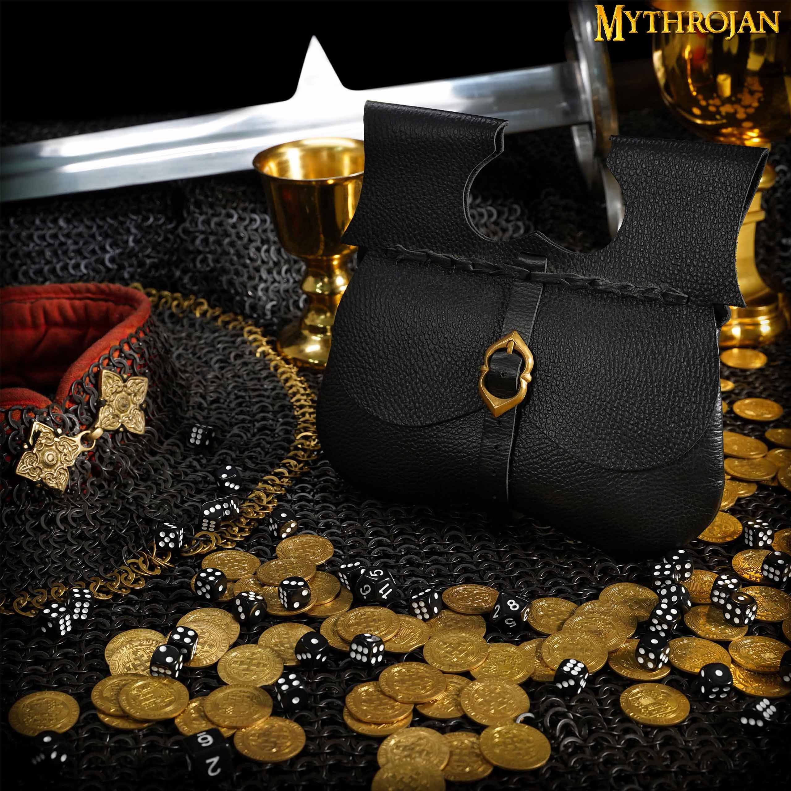 Mythrojan Classic Medieval Belt Bag with Solid Brass Buckle, Ideal for SCA LARP Reenactment & Ren Fair, Full Grain Leather, Black 8.5”×9”