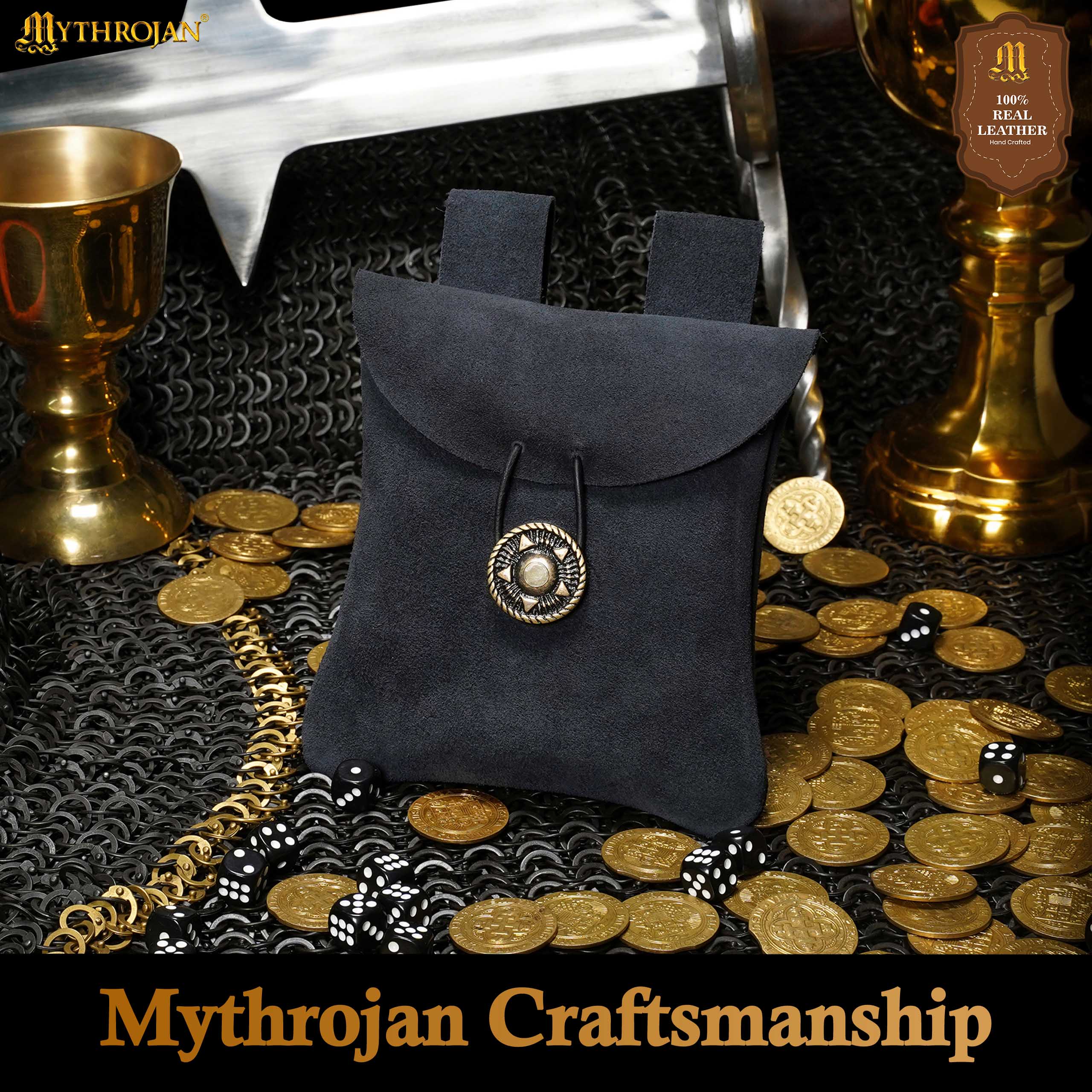 Mythrojan Medieval Renaissance Suede Jewelry Belt Pouch LARP Costume Waist Bag - Midnight Navy Blue