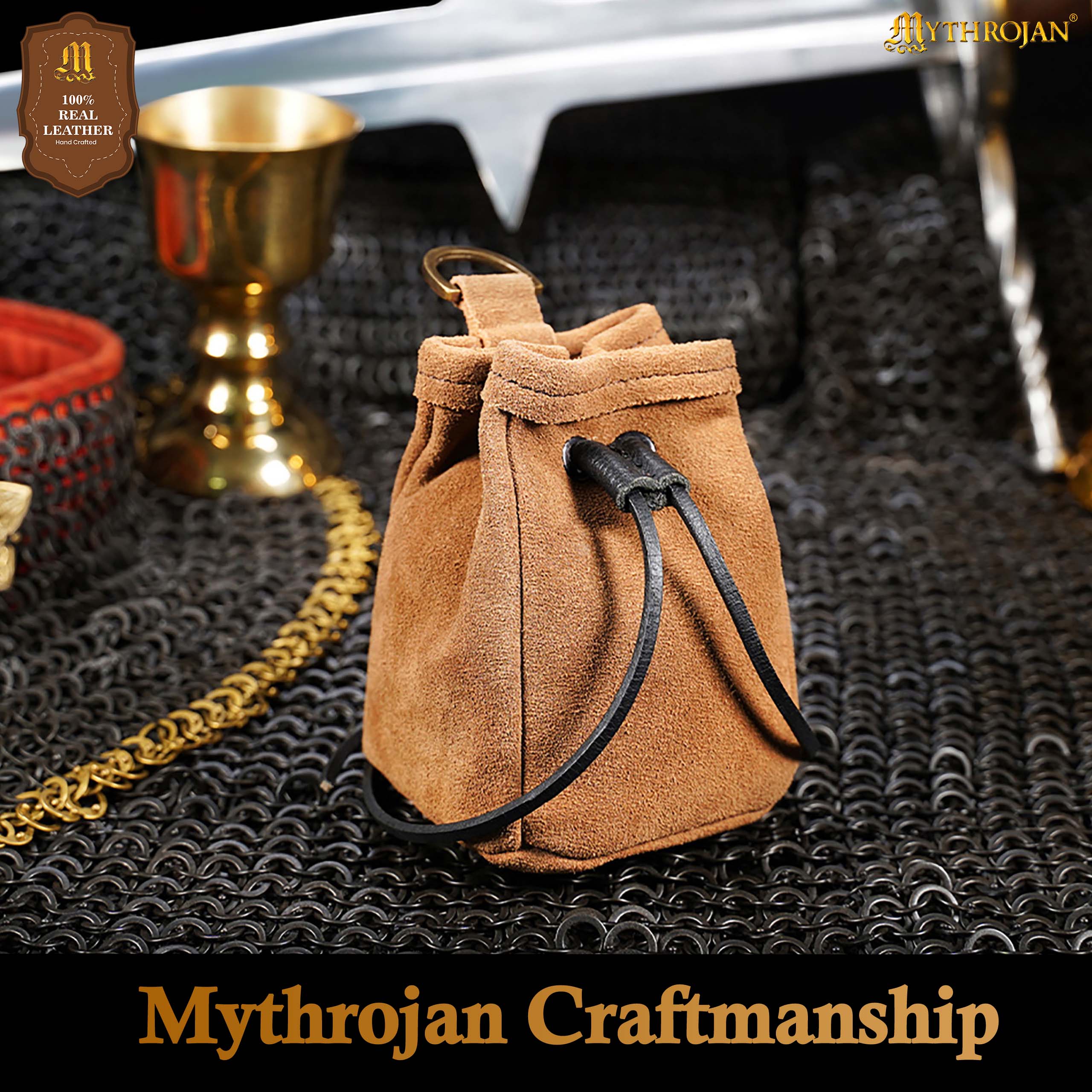 Mythrojan Medieval Drawstring Belt Bag, ideal for SCA LARP reenactment & Ren fair, Suede Leather, Brown, 5”×4”