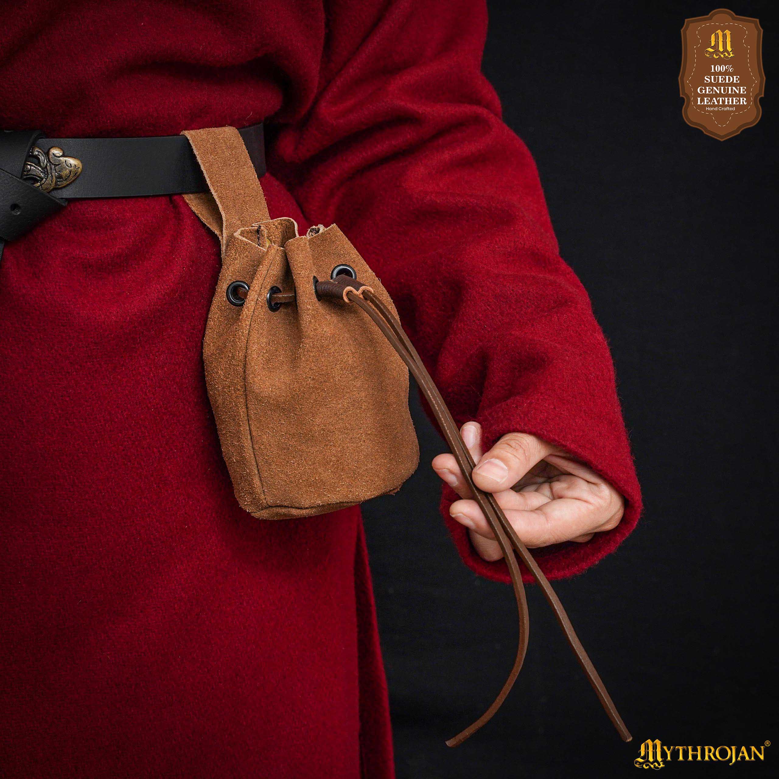 Mythrojan Medieval Drawstring Belt Bag, Ideal for SCA LARP Reenactment & Ren fair , Suede Leather , Brown 6” ×5 ”