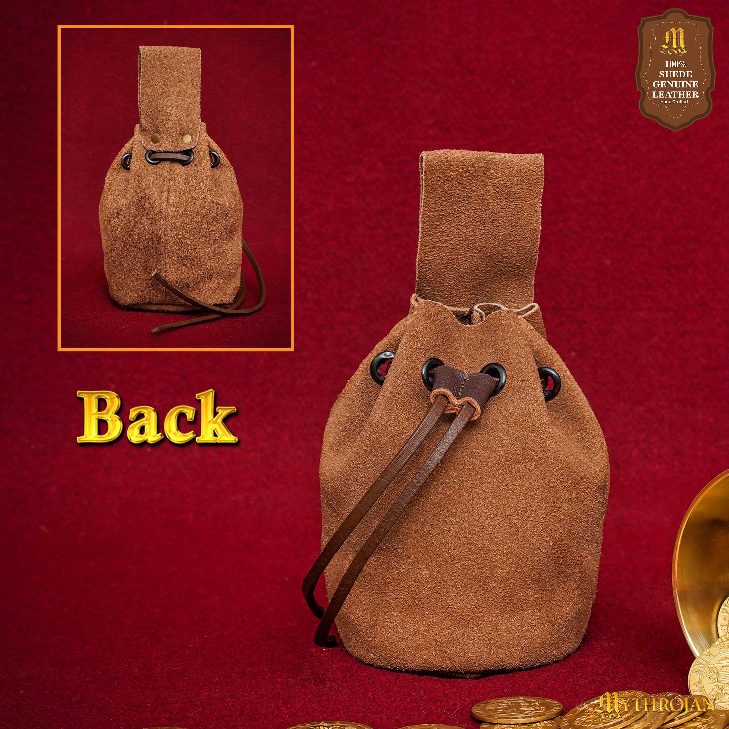 Mythrojan Medieval Drawstring Belt Bag, Ideal for SCA LARP Reenactment & Ren fair , Suede Leather , Brown 6” ×5 ”