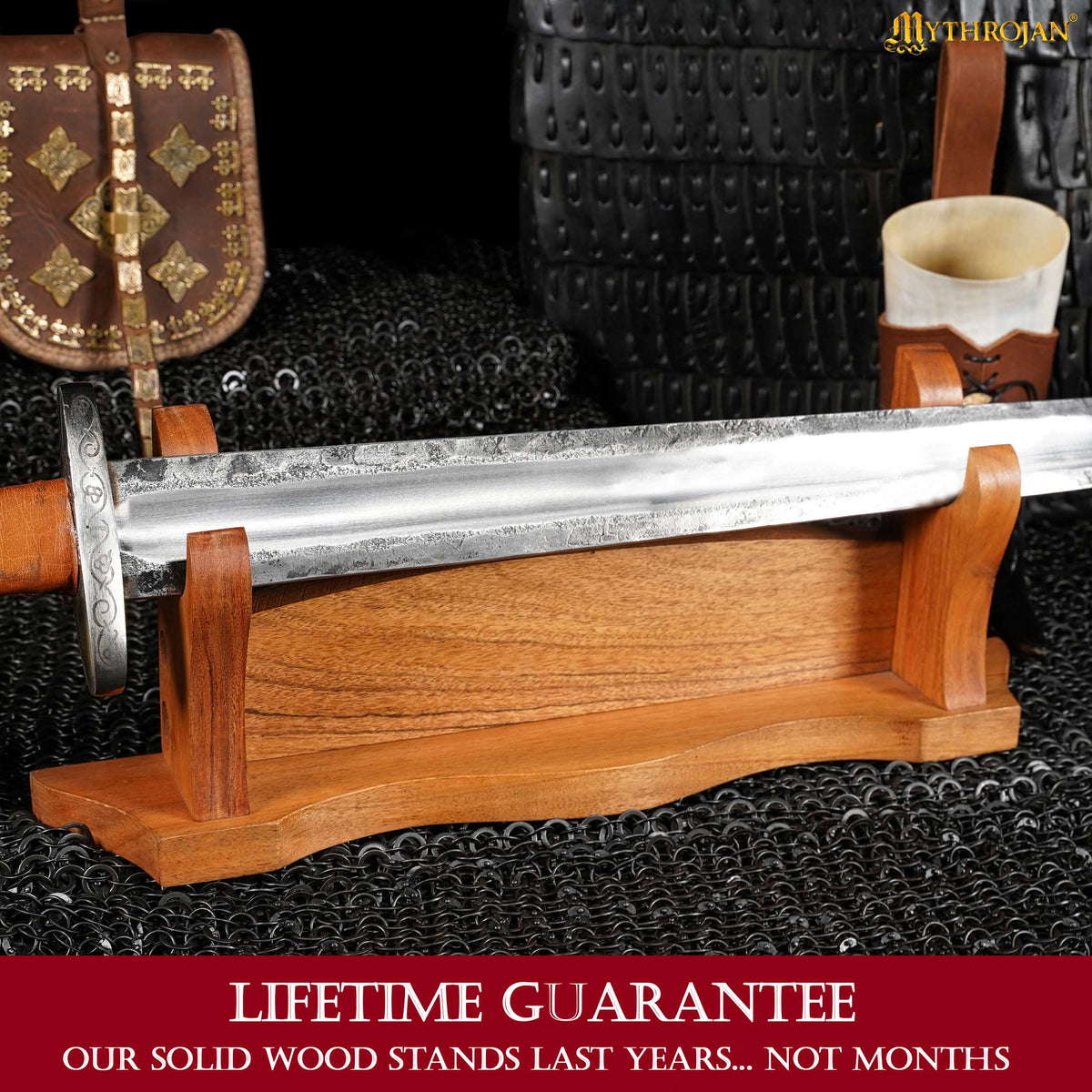 Mythrojan Solid Wood Sword Stand Medieval Sword Wall Mount Samurai Sword Display Stand Katana Sword Holder Gladiator Sword Wall Display Crusader Sword Stand Knife Stand for Display - One Tier Stand 17.5"