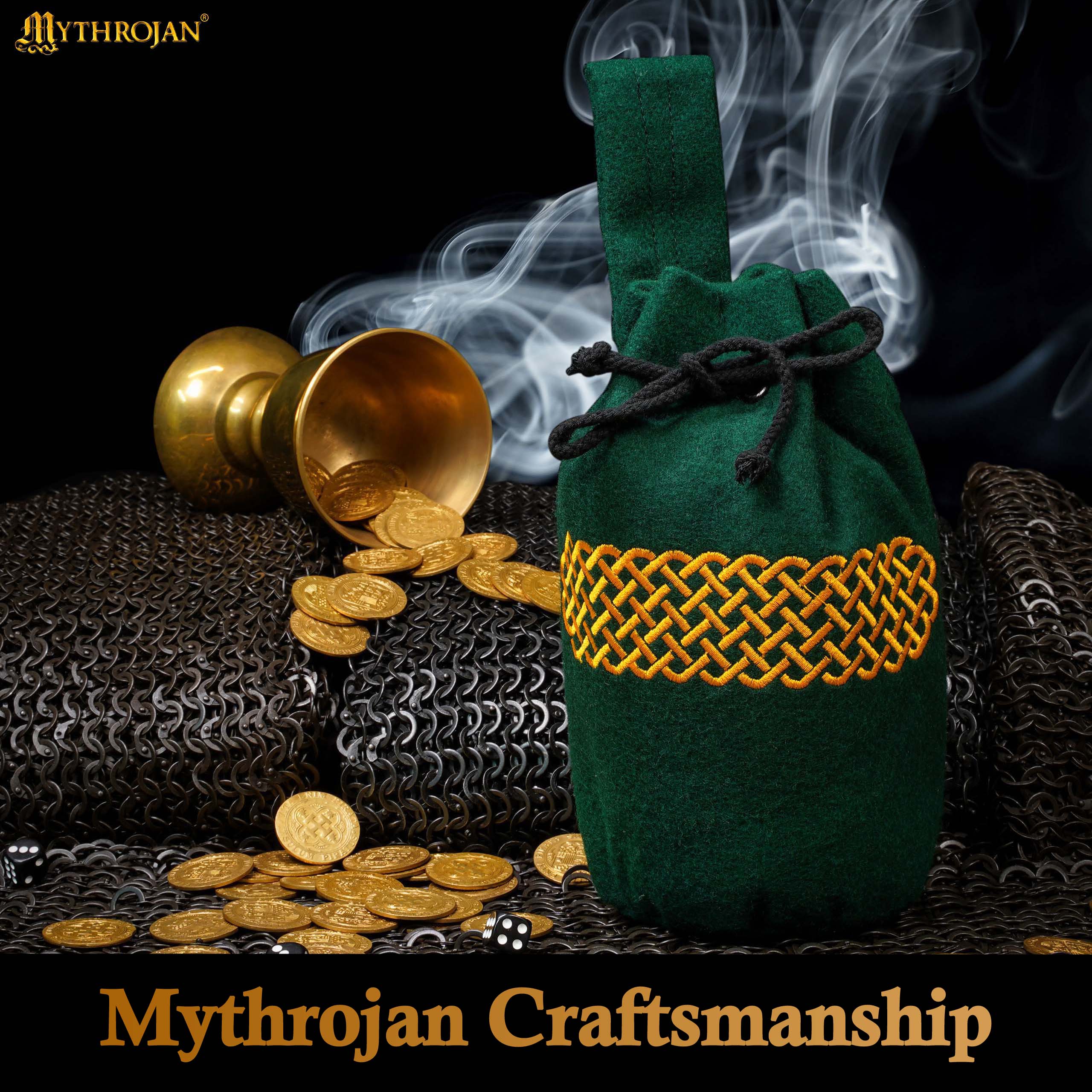 Mythrojan Embroidered Wool Drawstring Belt Pouch: Medieval Viking Celtic Bag Costume Accessories Coin Purse, 8” × 6.5”