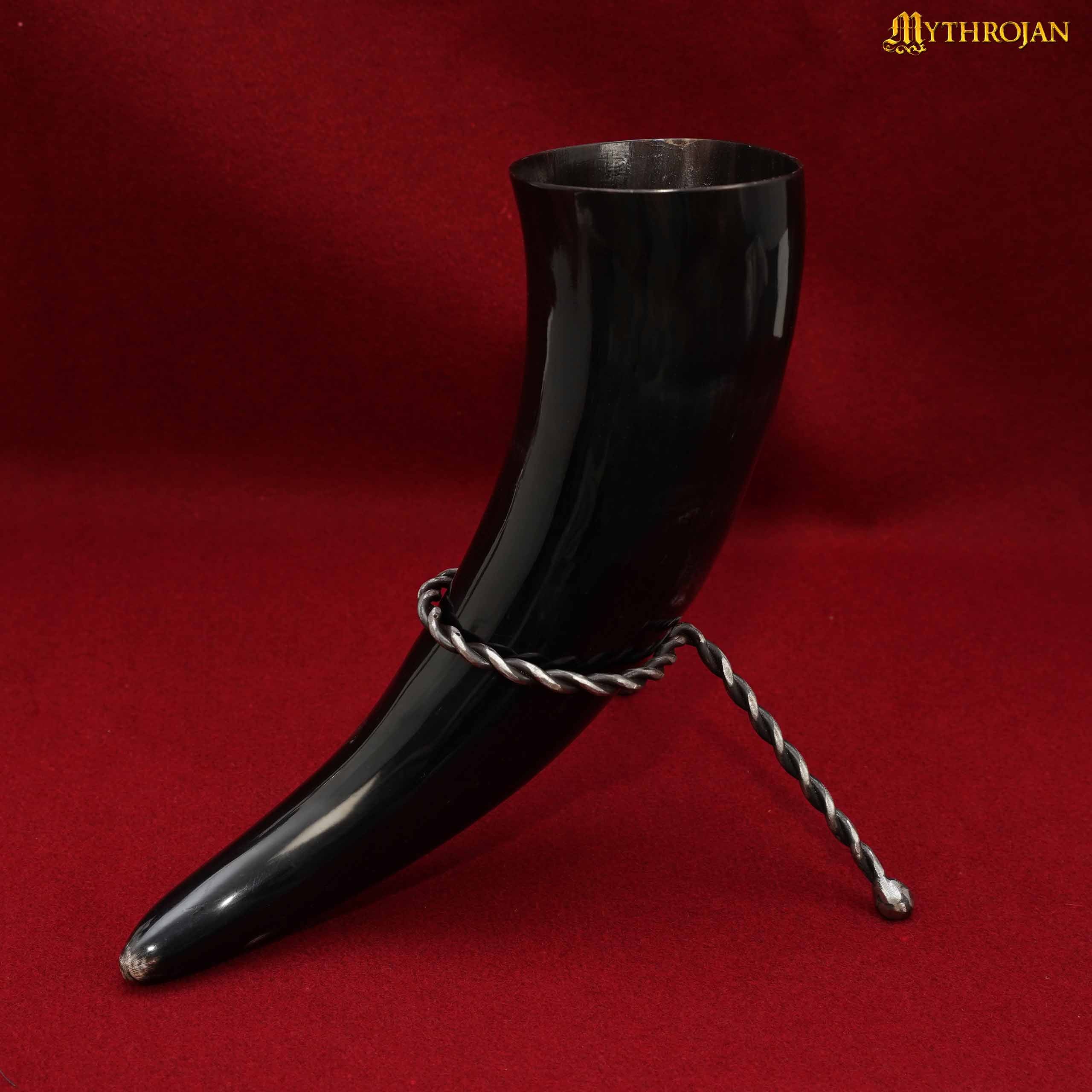 Mythrojan Hand Forged Drinking Horn Twisted Rack: Iron Mead Ale Horn Stand Medieval & Viking : Large Size