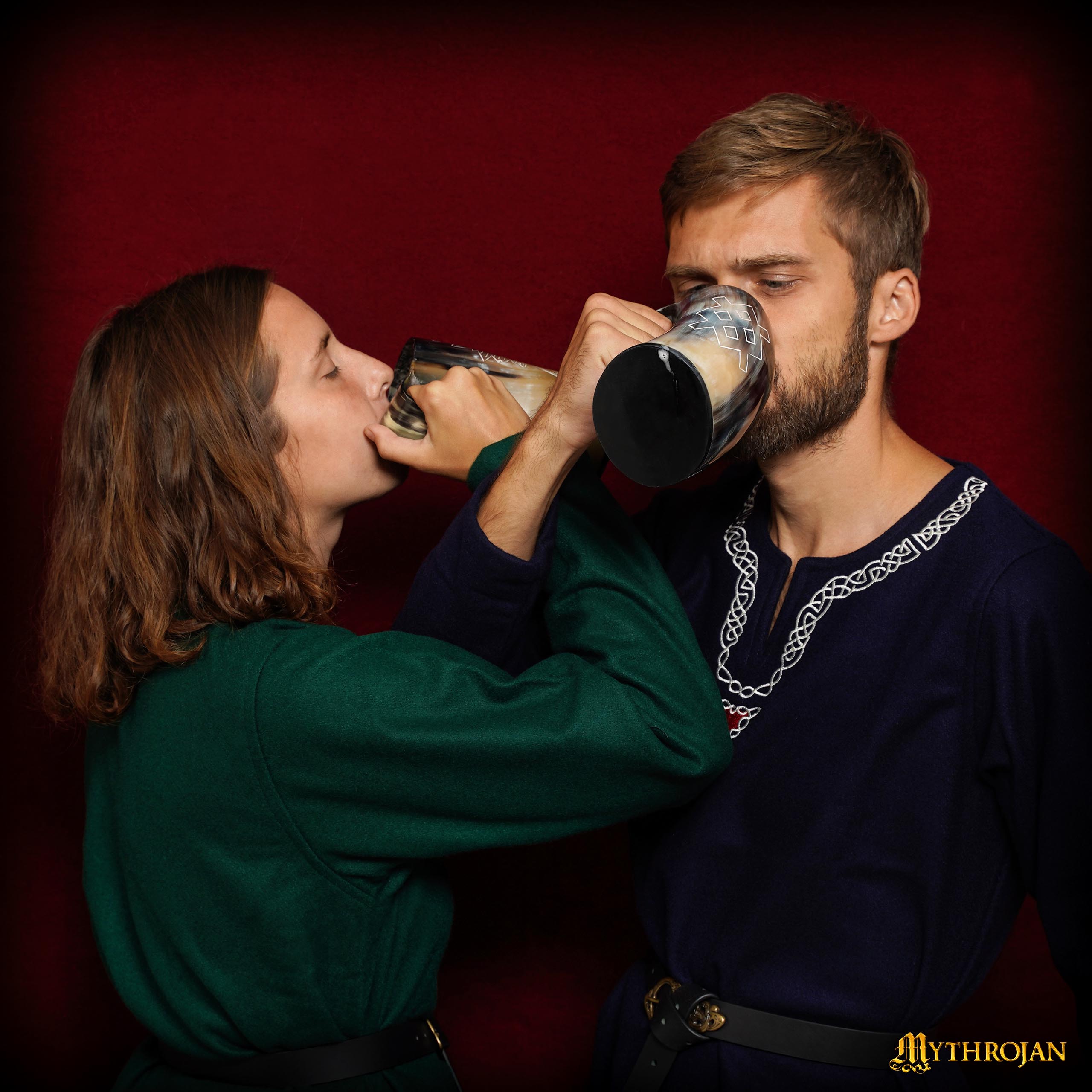 Mythrojan Tumbler Viking Drinking Cup with Handle & Medieval Buckle Renaissance with Leather Strap - Unique Patern