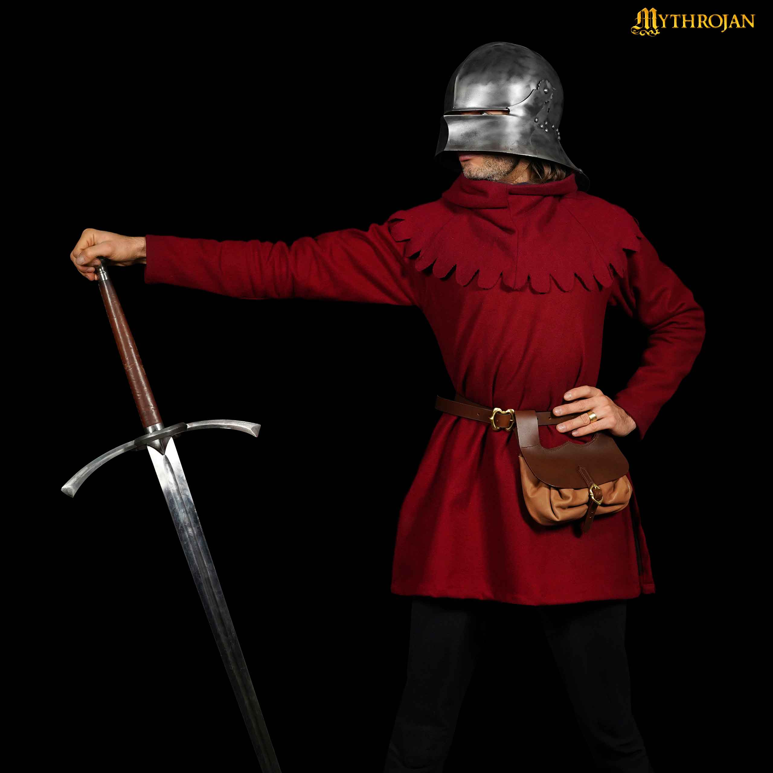 Mythrojan Medieval Belt Bag with Solid Brass Buckle , Ideal for Cosplay SCA LARP Reenactment & Ren fair, Full Grain Leather, Brown , 8.2 ” × 8.6”