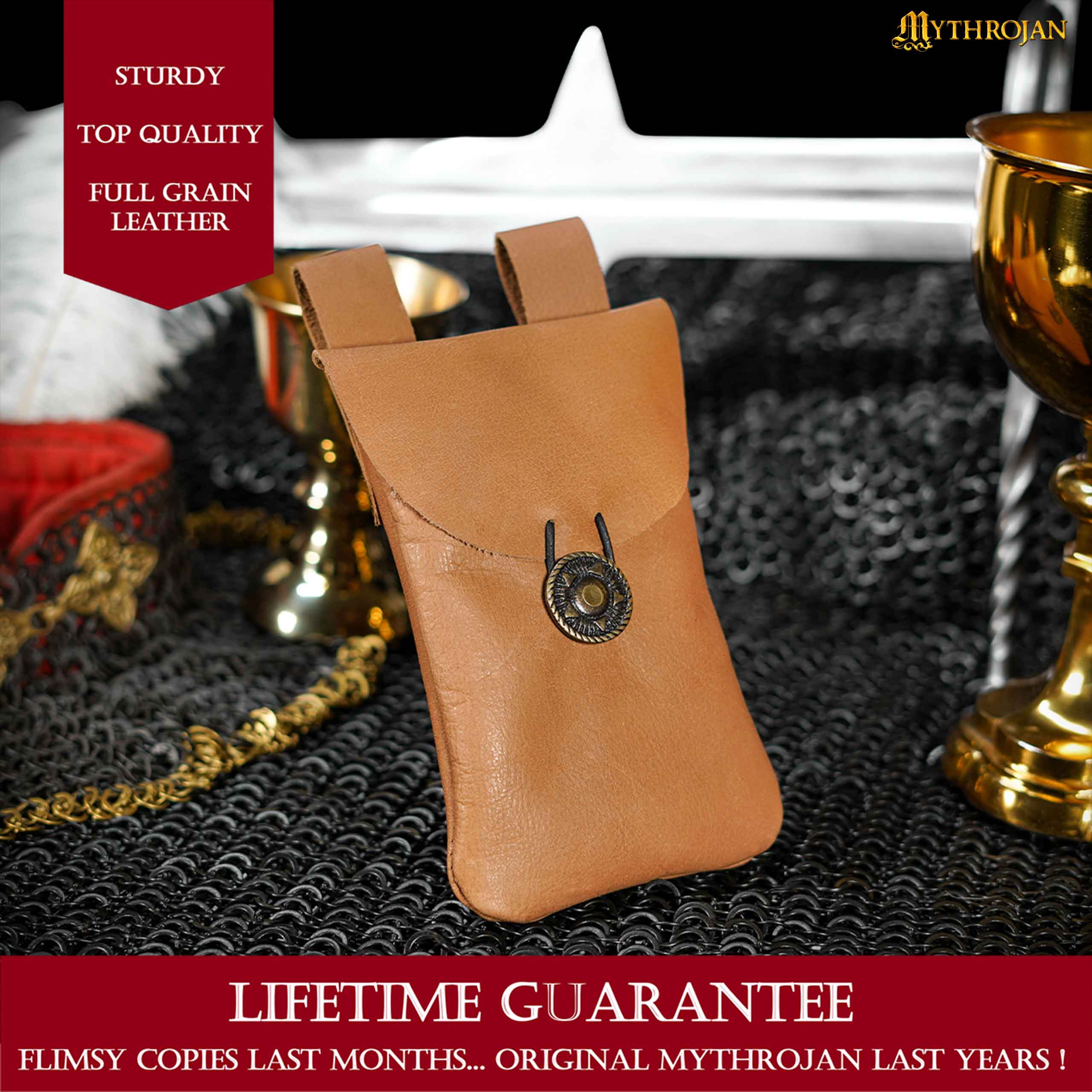 Mythrojan Leather Belt Bag, Ideal for SCA LARP Reenactment & Ren fair, Full Grain Leather, Brown , 7.2 ”× 4.7 ”