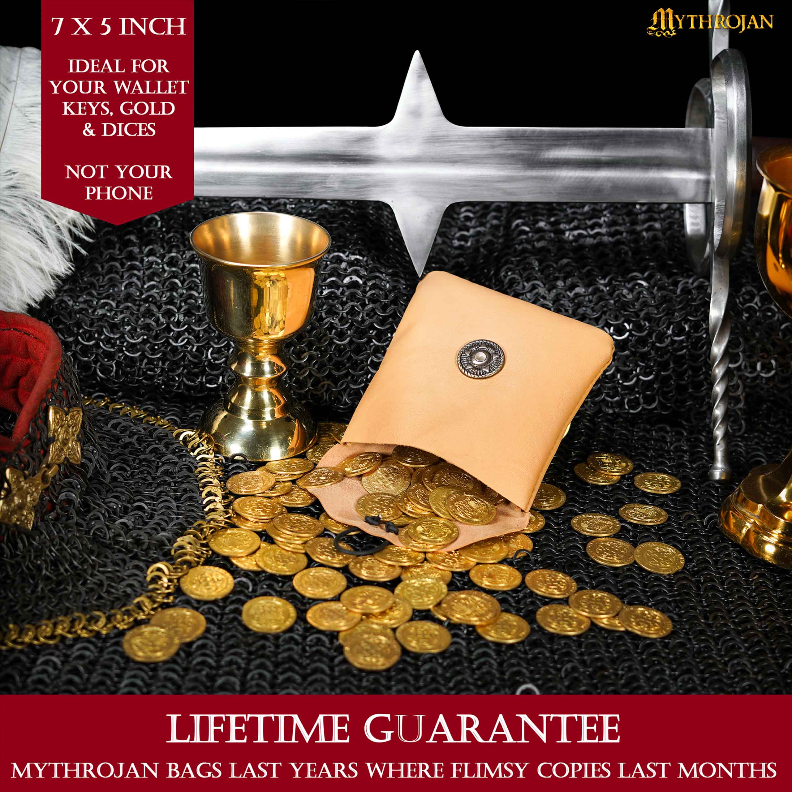 Mythrojan Leather Belt Bag, Ideal for SCA LARP Reenactment & Ren fair, Full Grain Leather, Natural , 5 .5”× 5.1 ”