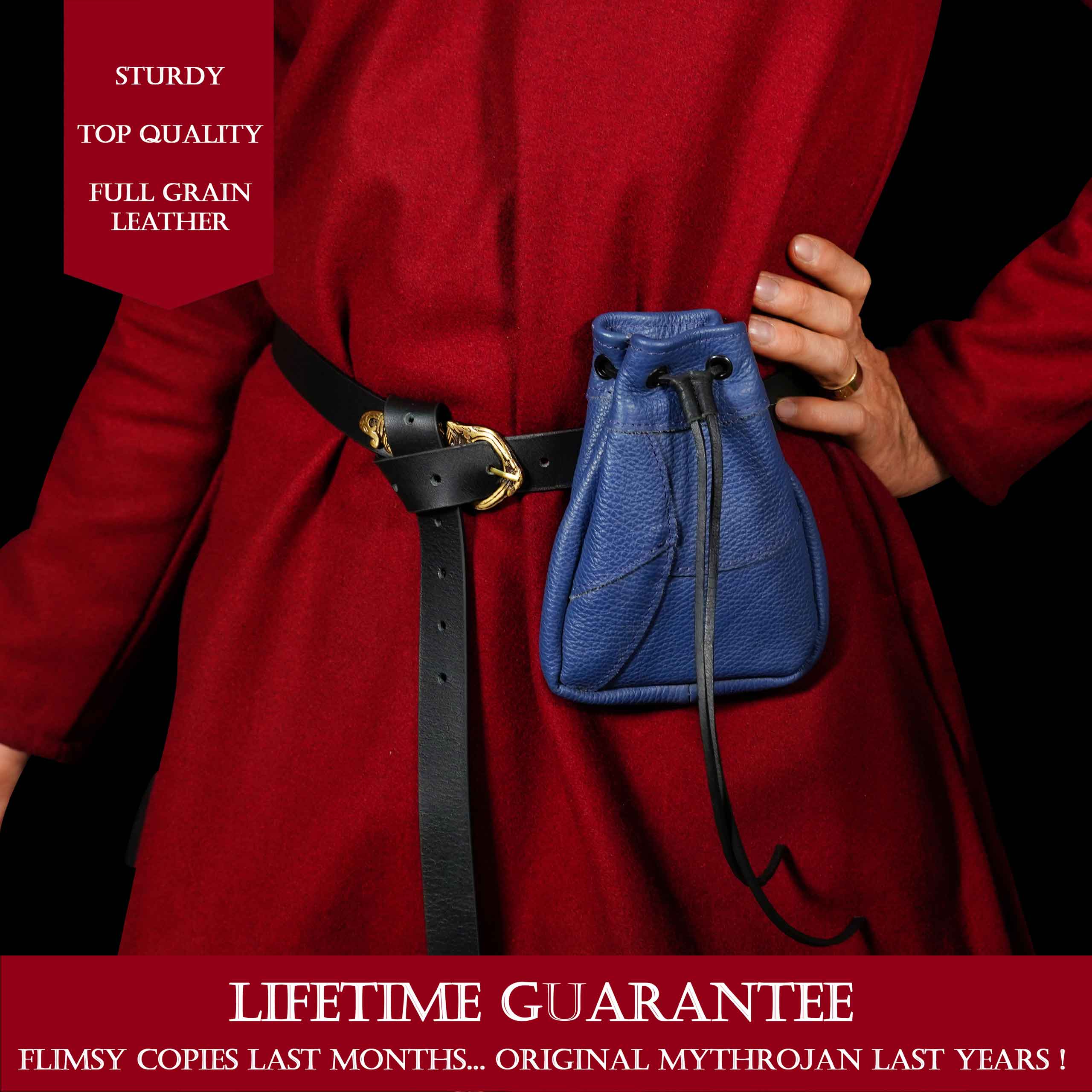 Mythrojan Medieval Drawstring Bag, Ideal for SCA LARP Reenactment & Ren fair - Full Grain Leather, Blue, 7”×5”