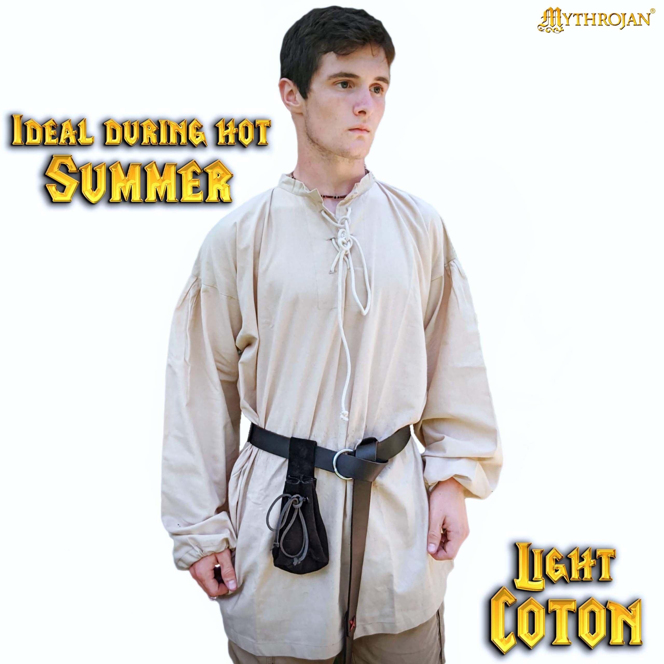 Mythrojan "Adventurer" Shirt with Lacing 100% Cotton Medieval Viking SCA LARP - Beige
