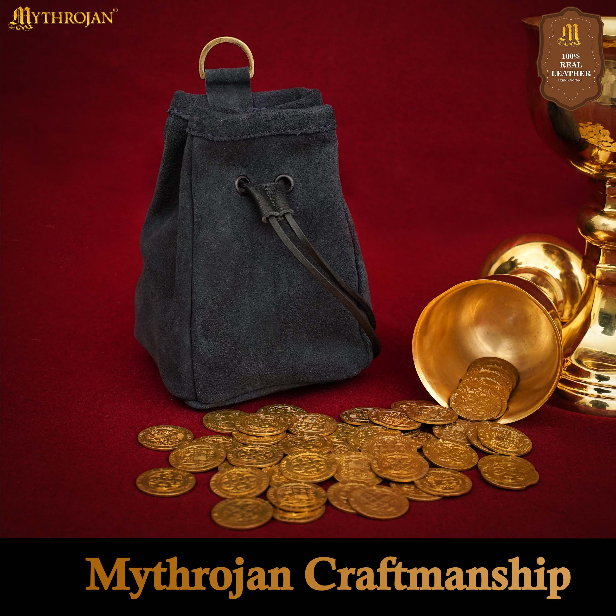 Mythrojan Medieval Drawstring Belt Bag, ideal for SCA LARP reenactment & Ren fair, Suede Leather, Midnight Navy Blue, 6.5”×4.5”