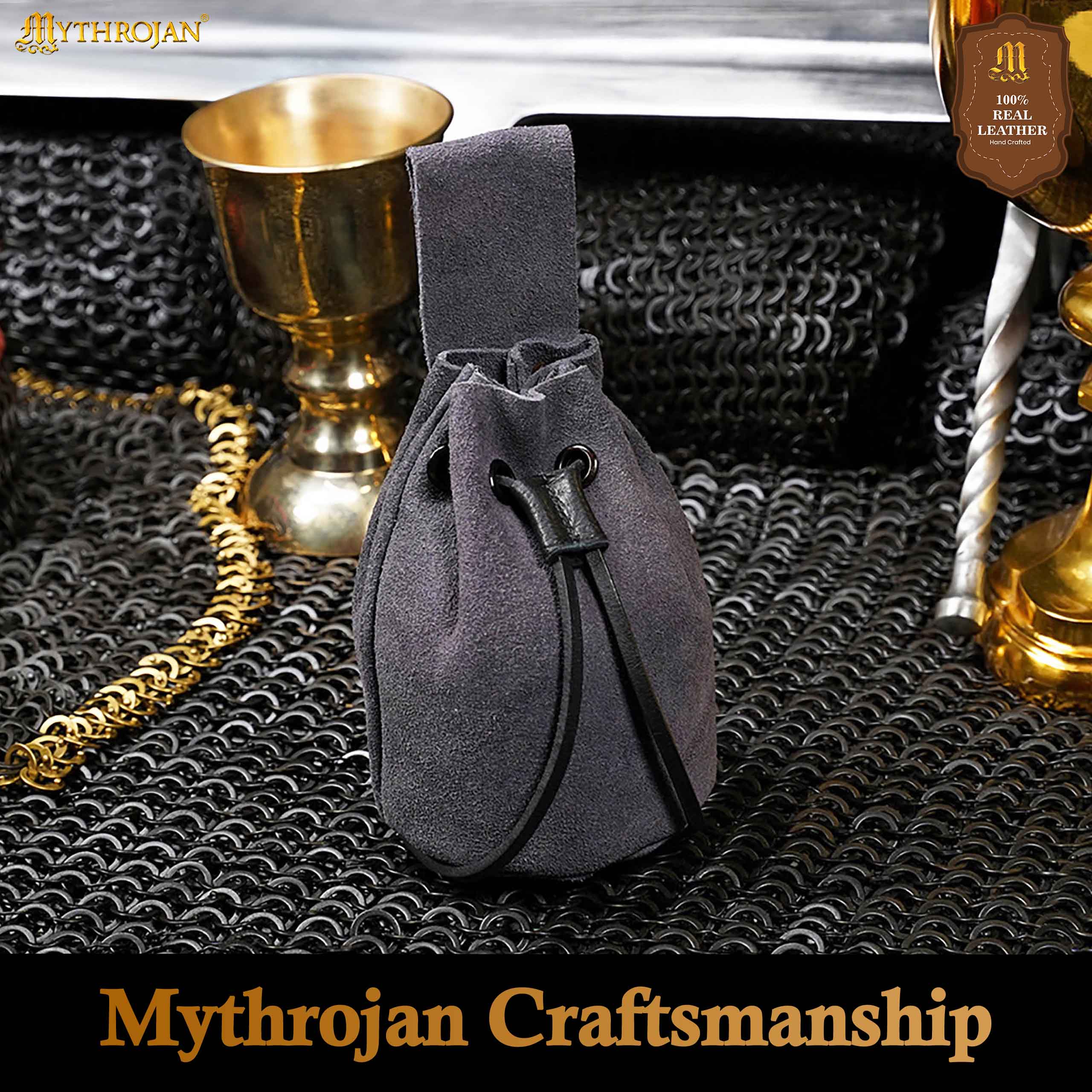Mythrojan Medieval Drawstring Belt Bag, Ideal for SCA LARP Reenactment & Ren Fair, Suede Leather, Blue 6”×5”
