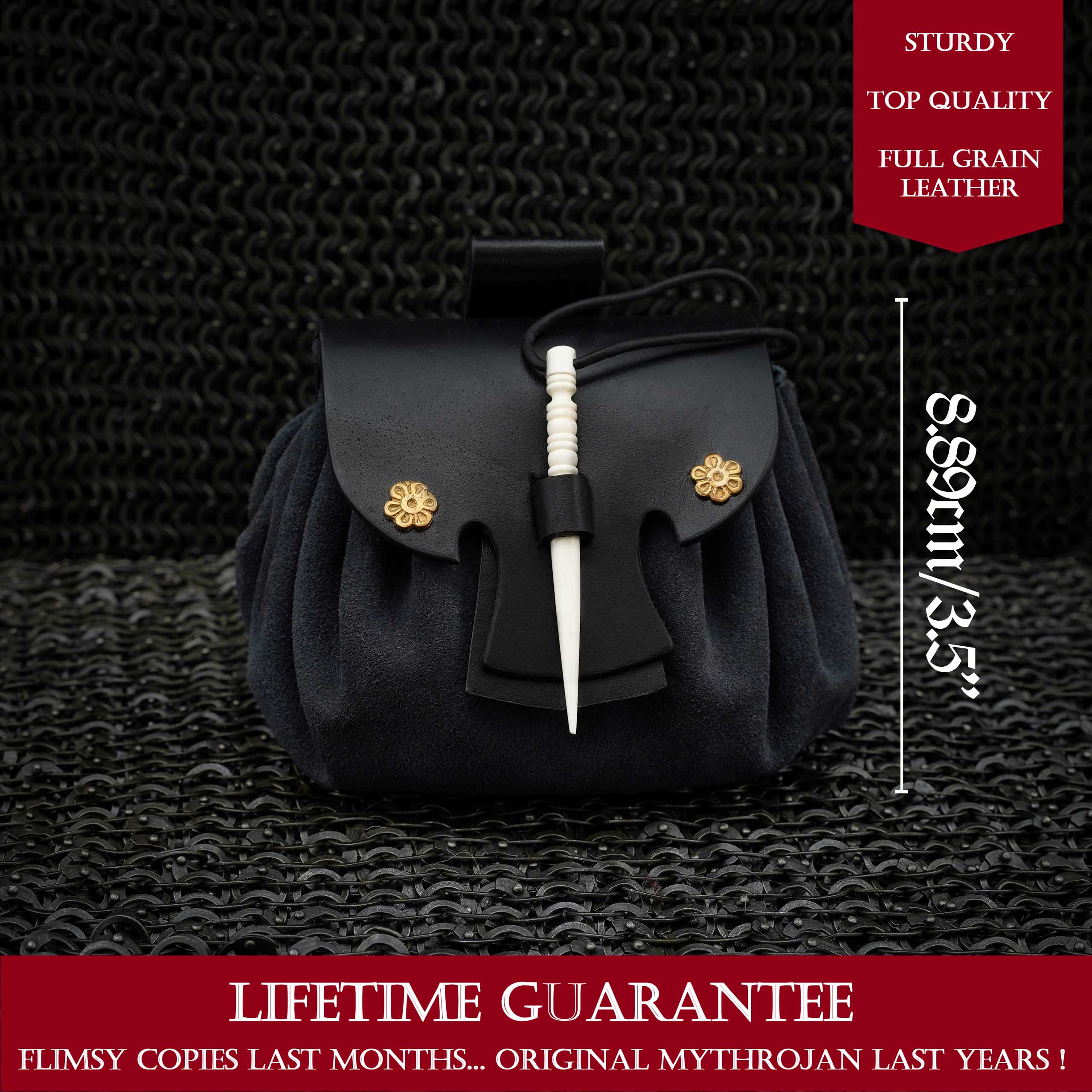 Mythrojan “ Gold and Dice ” Medieval Fantasy Belt Bag with Bone Needle Closure, Ideal for SCA LARP Reenactment & Ren fair, Midnight Navy Blue , 3.5”
