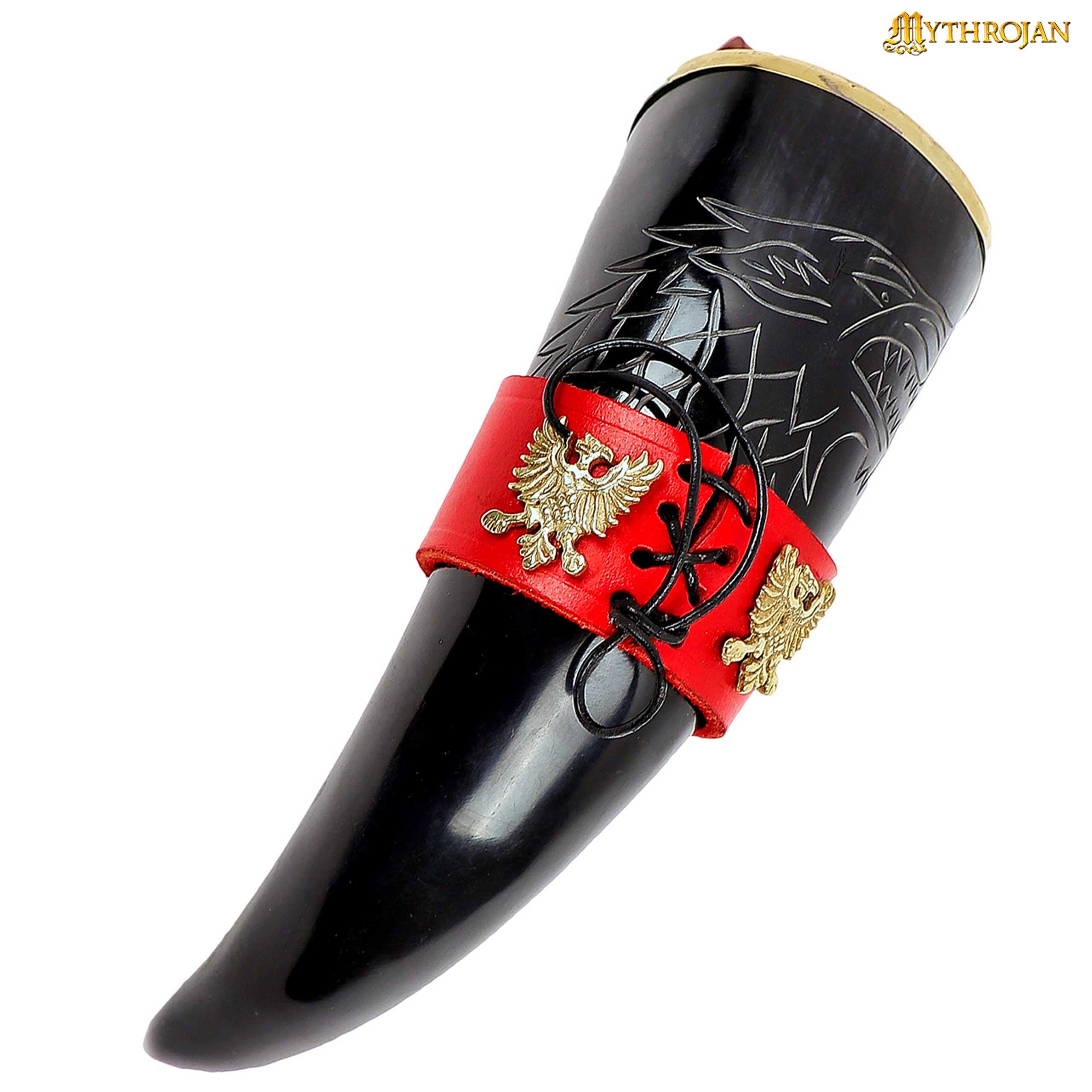 Mythrojan The King of The North - Viking Drinking Horn with Leather Holder - Polished Finish - 300 ML / with Red Leather Holder - 300ML