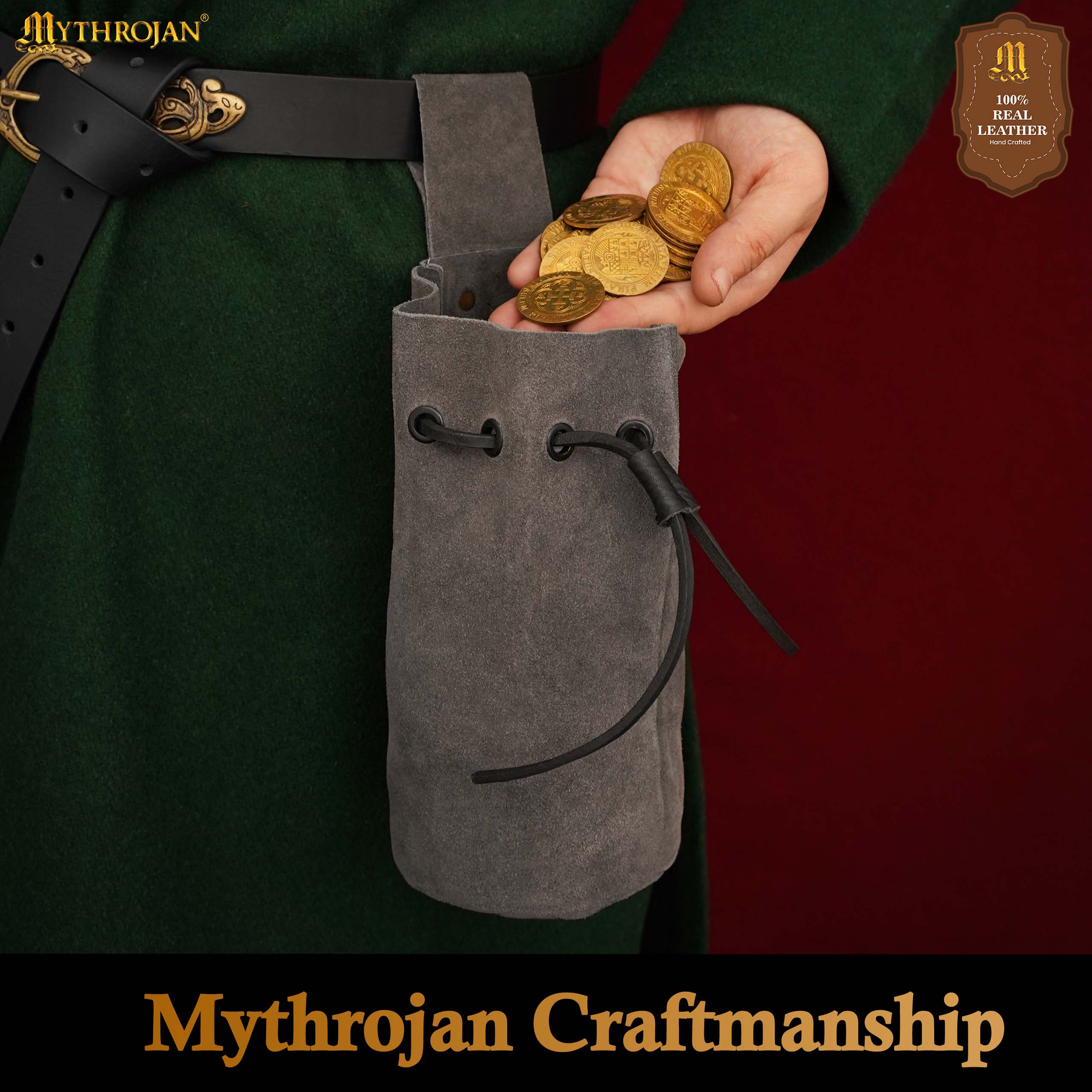 Mythrojan Medieval Drawstring Belt Bag, Ideal for SCA LARP Reenactment & Ren Fair, Suede Leather, Grey, 8”×6.5”