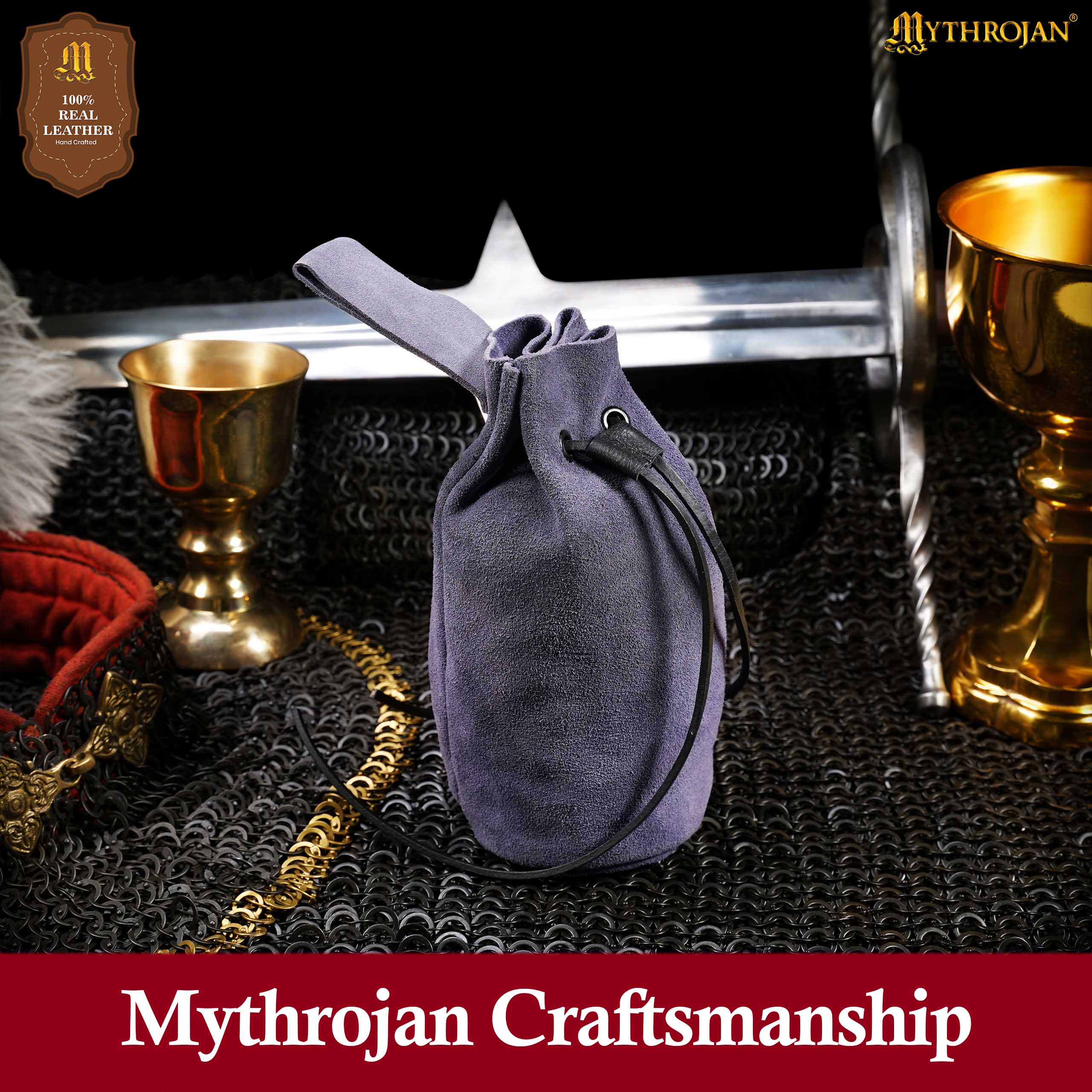 Mythrojan Medieval Drawstring Belt Bag, Ideal for SCA LARP Reenactment & Ren Fair, Suede Leather, Dark Blue, 8”×6.5”