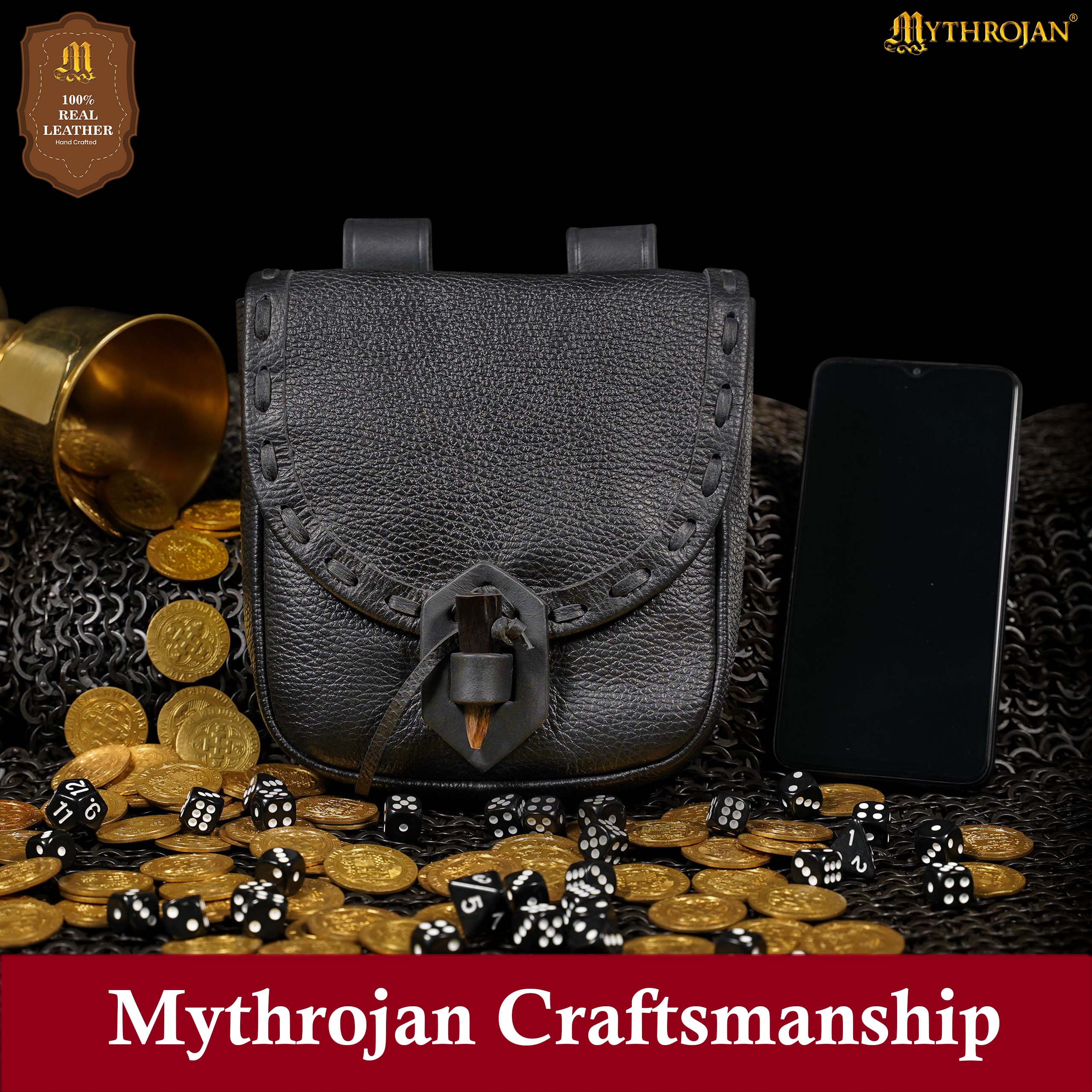 Mythrojan “The Adventurer’s” Belt Bag with Horn Toggle, ideal for SCA LARP reenactment & Ren fair, Full Grain Leather, Black 7”