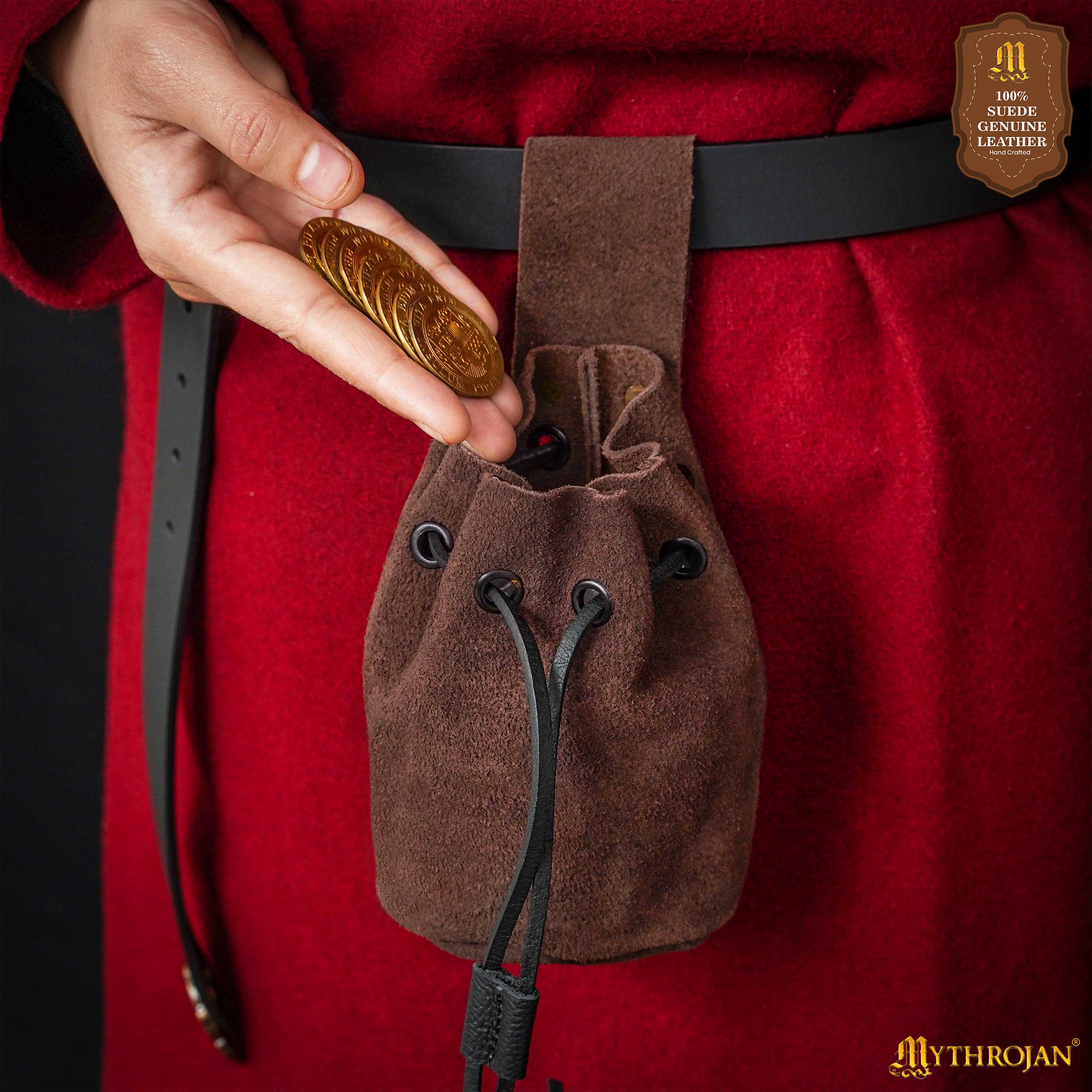 Mythrojan Medieval Drawstring Belt Bag, Ideal for SCA LARP Reenactment & Ren Fair, Suede Leather, Chocolate Brown, 5" X 6"