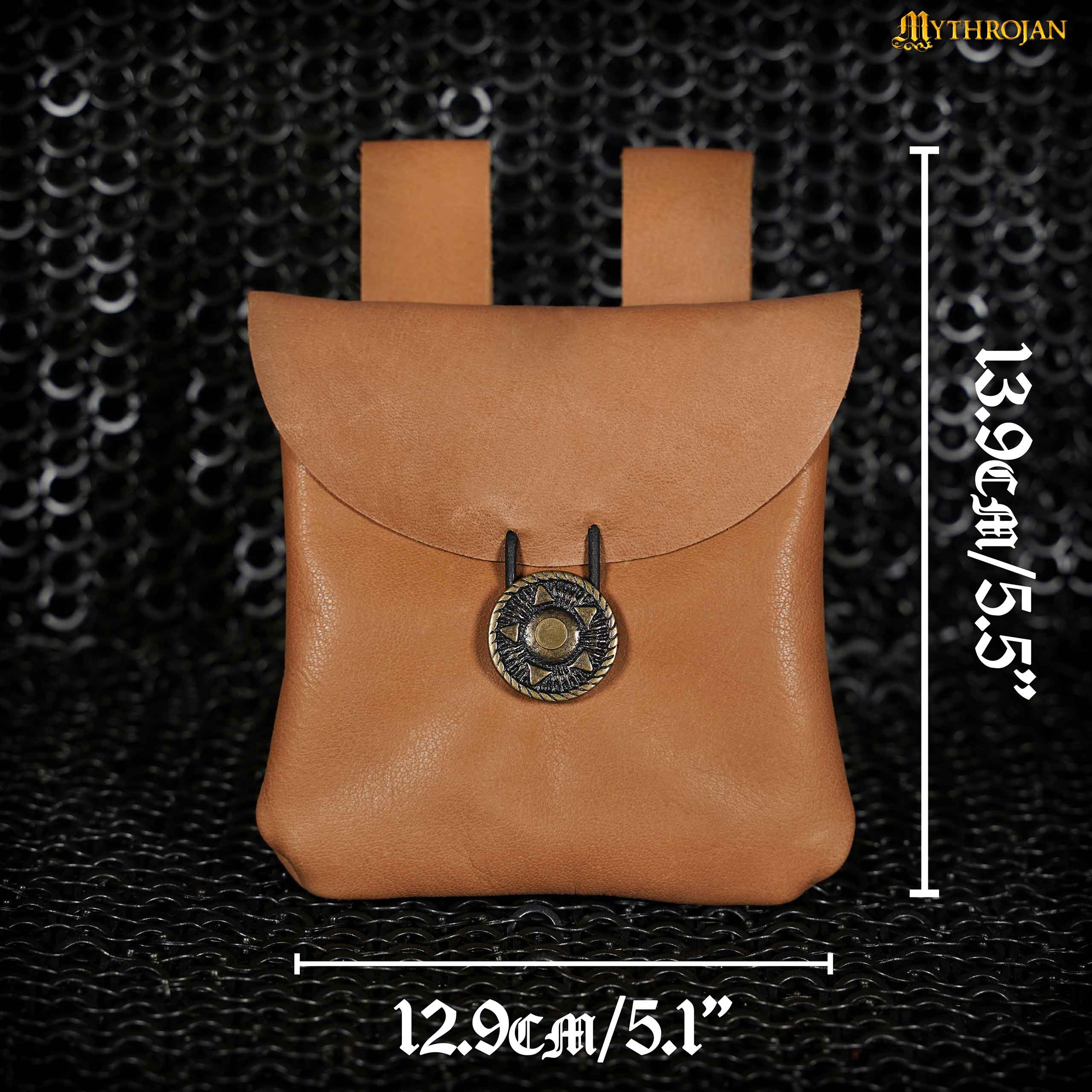 Mythrojan Leather Belt Bag, Ideal for SCA LARP Reenactment & Ren fair, Full Grain Leather, Brown , 5 .5”× 5.1 ”
