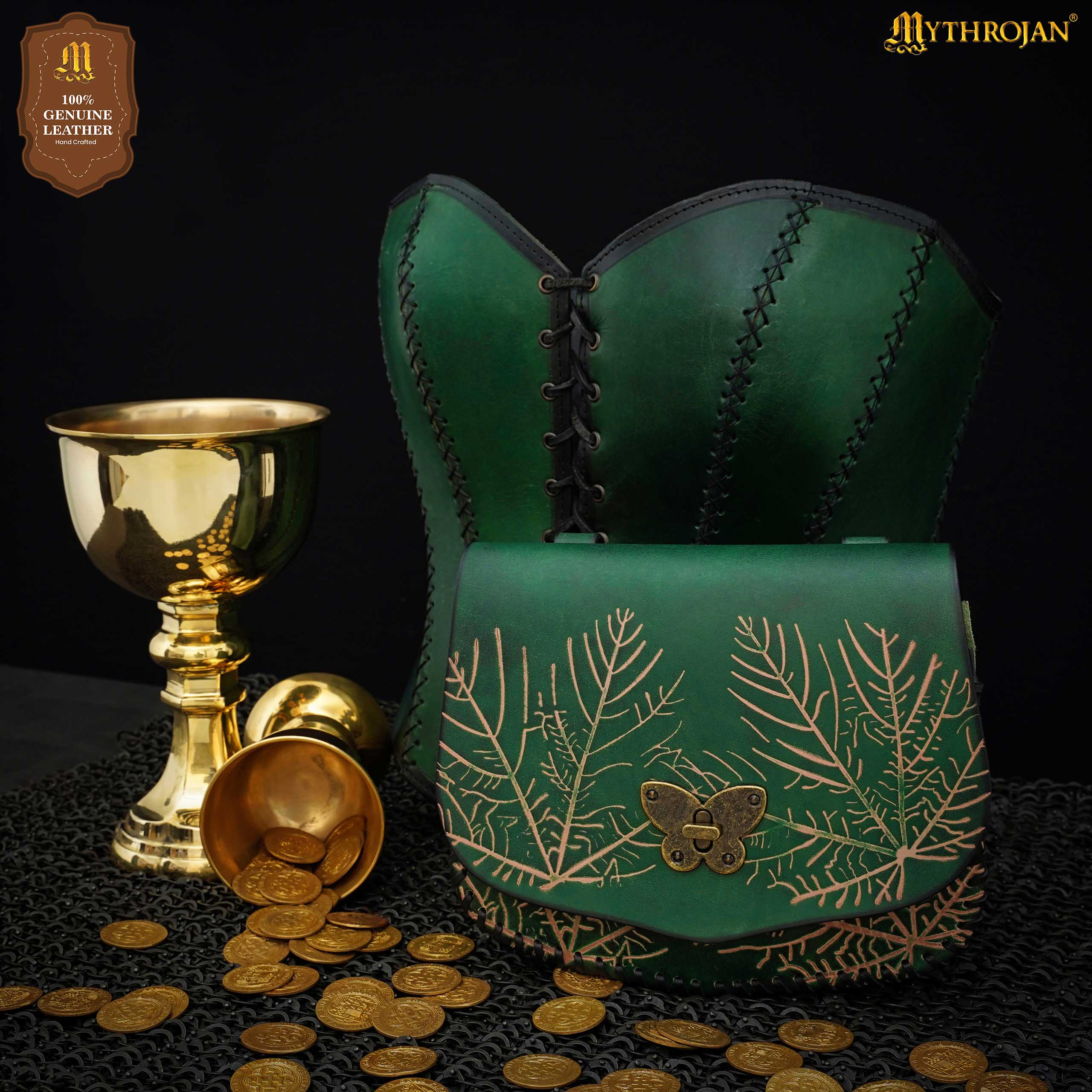 Mythrojan "Forest Grace" Elven Leather Pouch: Ideal for LARP, Cosplay, Elvish Costume & Healer or Ranger Outfit , 7.4” x8.8 ” x2.9 ”