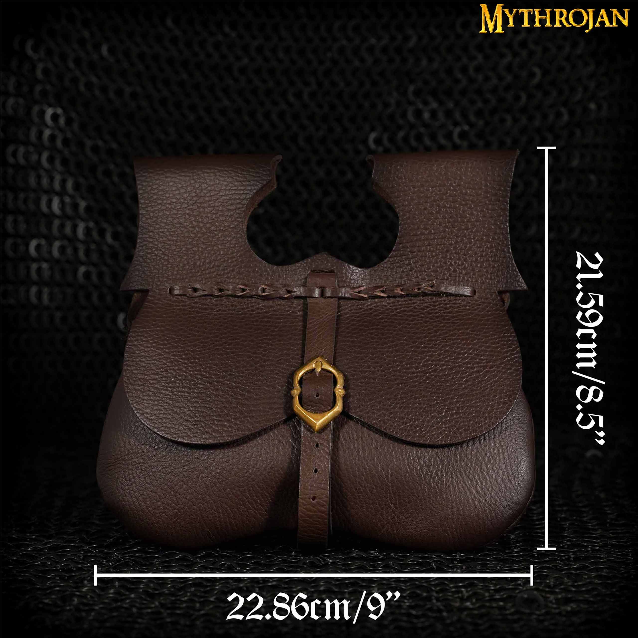 Mythrojan Classic Medieval Belt Bag with Solid Brass Buckle, Ideal for SCA LARP Reenactment & Ren Fair, Full Grain Leather, Brown 8.5”×9”