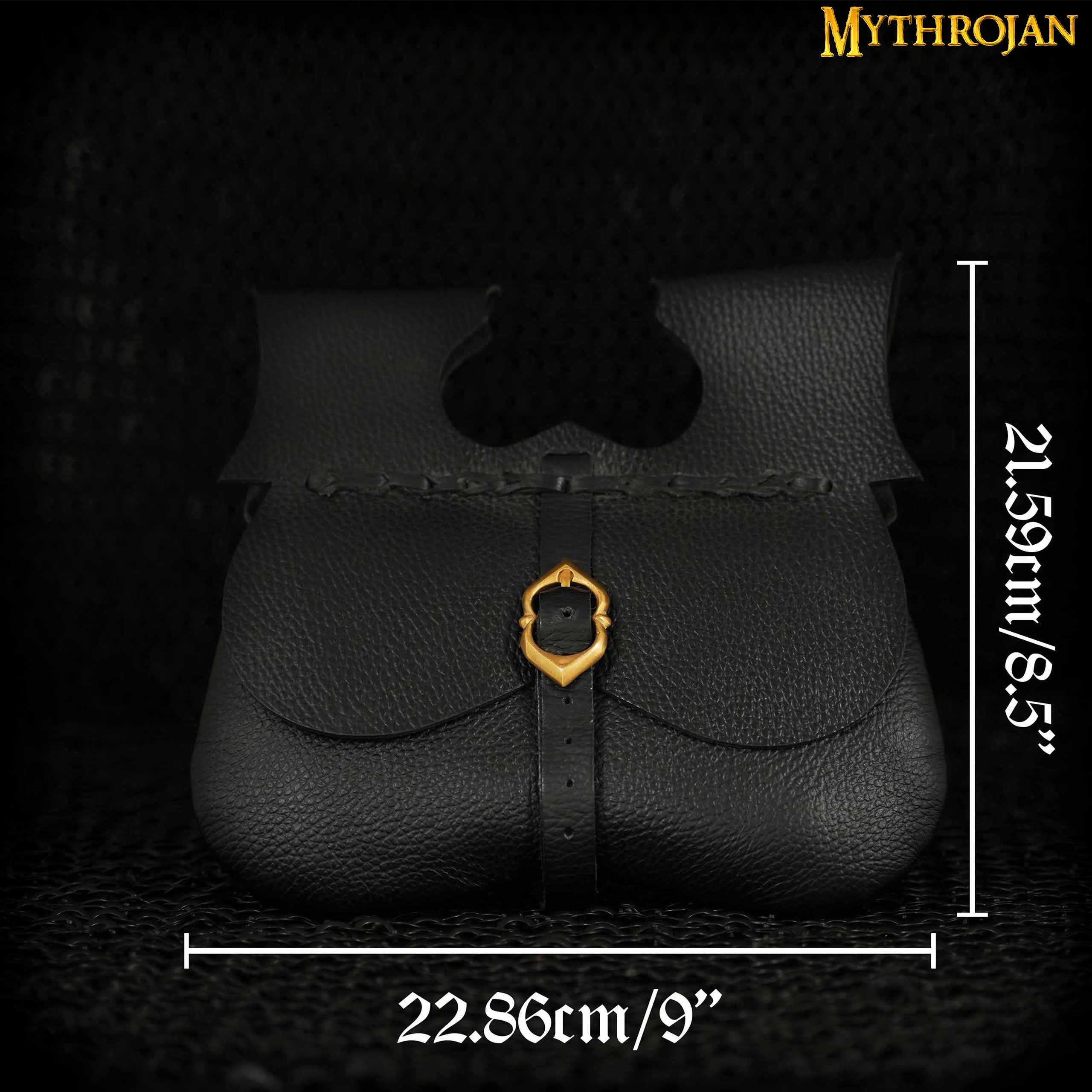 Mythrojan Classic Medieval Belt Bag with Solid Brass Buckle, Ideal for SCA LARP Reenactment & Ren Fair, Full Grain Leather, Black 8.5”×9”