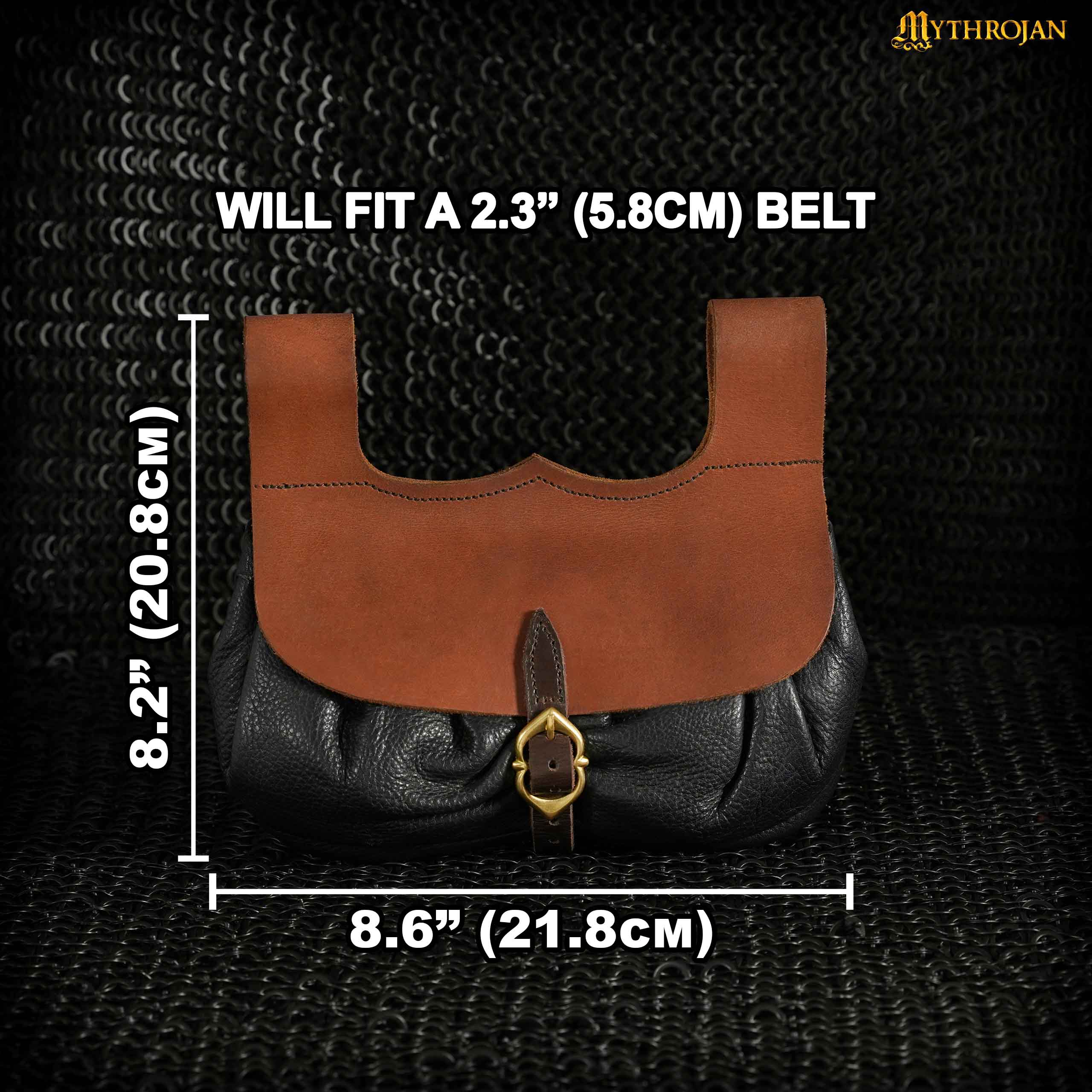 Mythrojan Medieval Belt Bag with Solid Brass Buckle , Ideal for Cosplay SCA LARP Reenactment & Ren fair, Full Grain Leather, Brown and Black, 8.2 ” × 8.6”