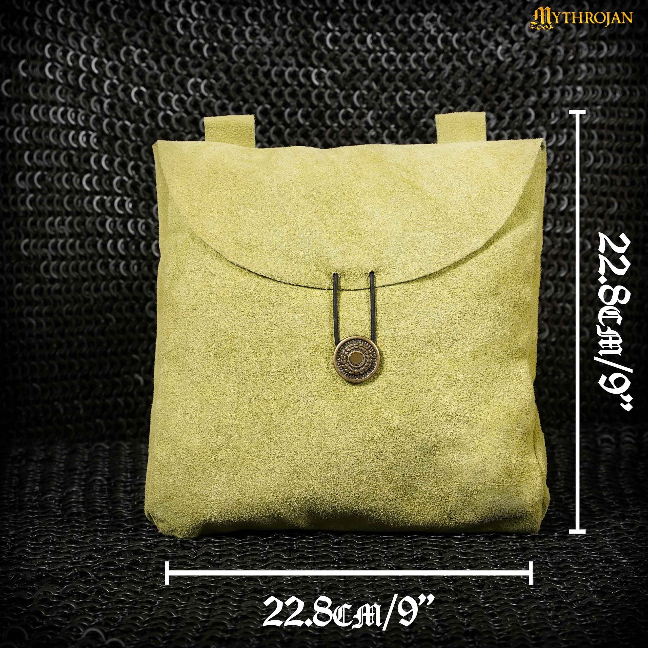 Mythrojan Large Suede Belt Bag, Ideal for SCA LARP Reenactment & Ren Fair, Suede Leather, Citrus, 9”×9”