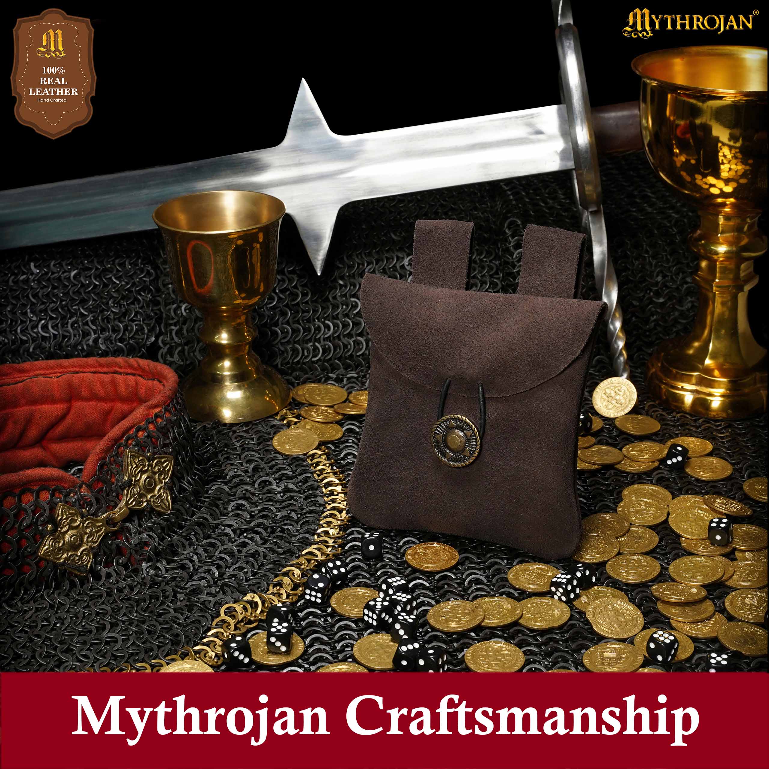 Mythrojan Suede Belt Bag, ideal for SCA LARP reenactment & Ren fair, Suede Leather, Chocolate Brown, 5.5”×5.1”