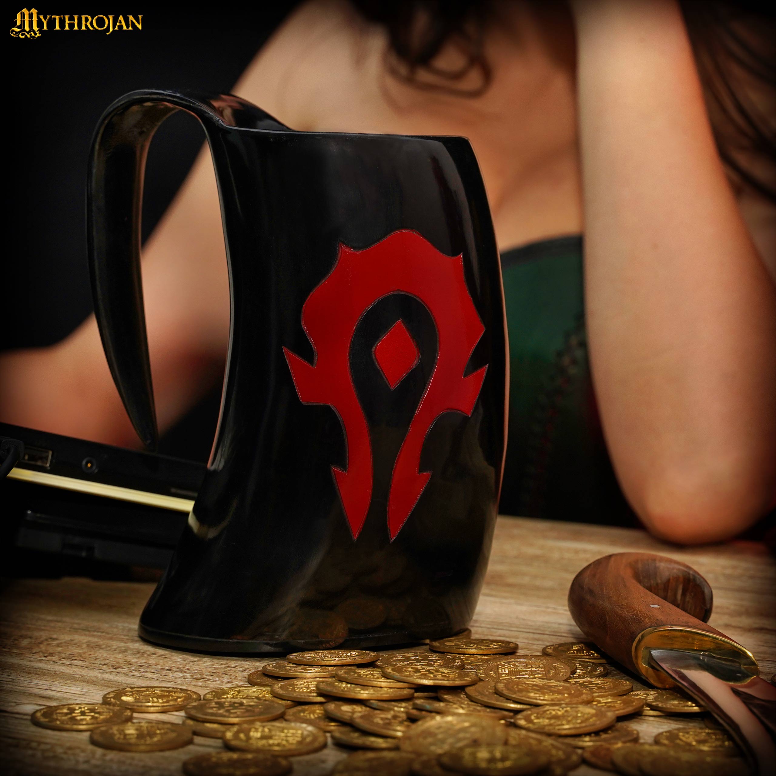Mythrojan "For the HORDE" horn mug : Mead Ale Horn Tankard for Medieval Knight Renaissance LARP Cosplay BLACK, 600ml