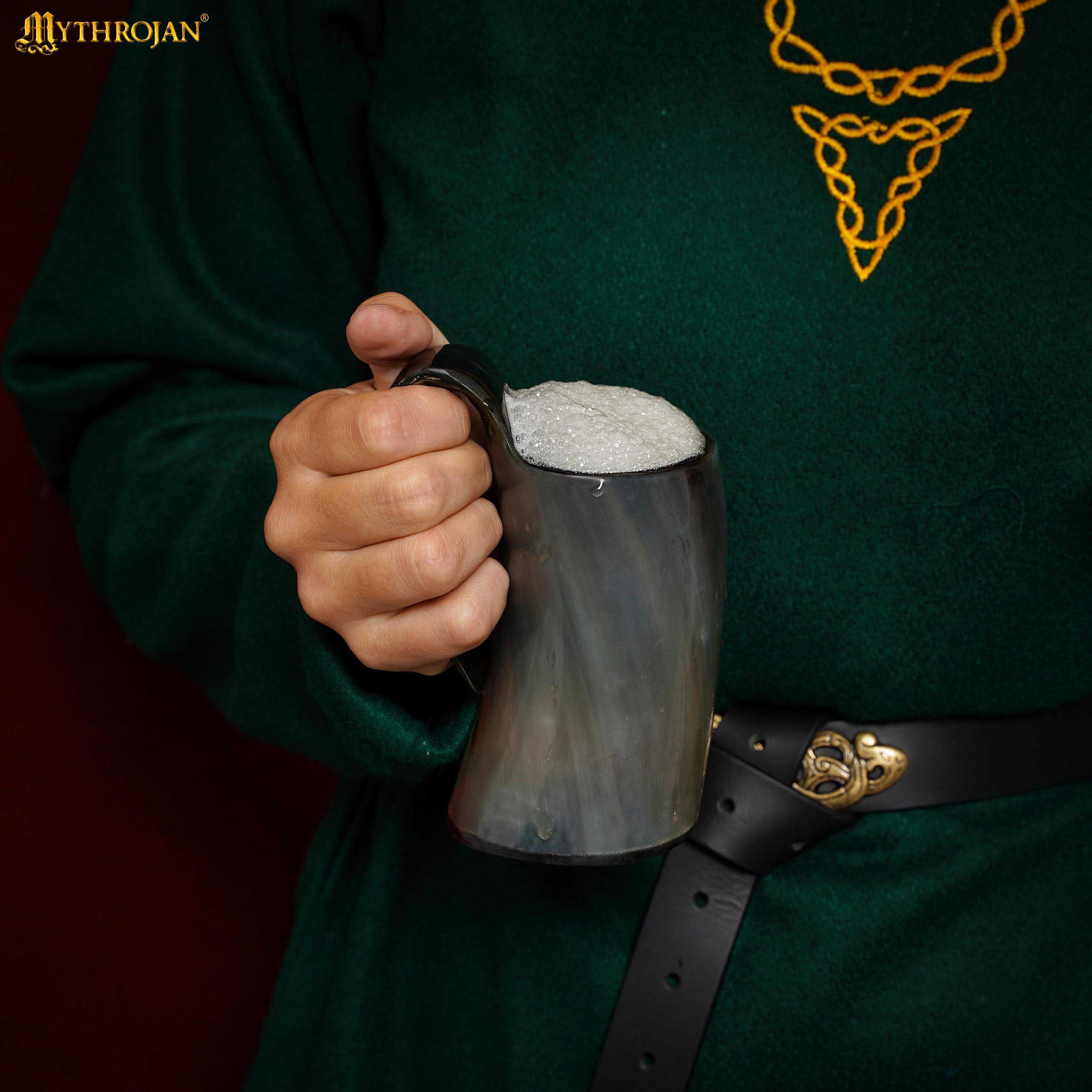 Mythrojan Tumbler Viking Drinking Cup with Handle & Medieval Buckle Renaissance with Leather Strap - Pearl