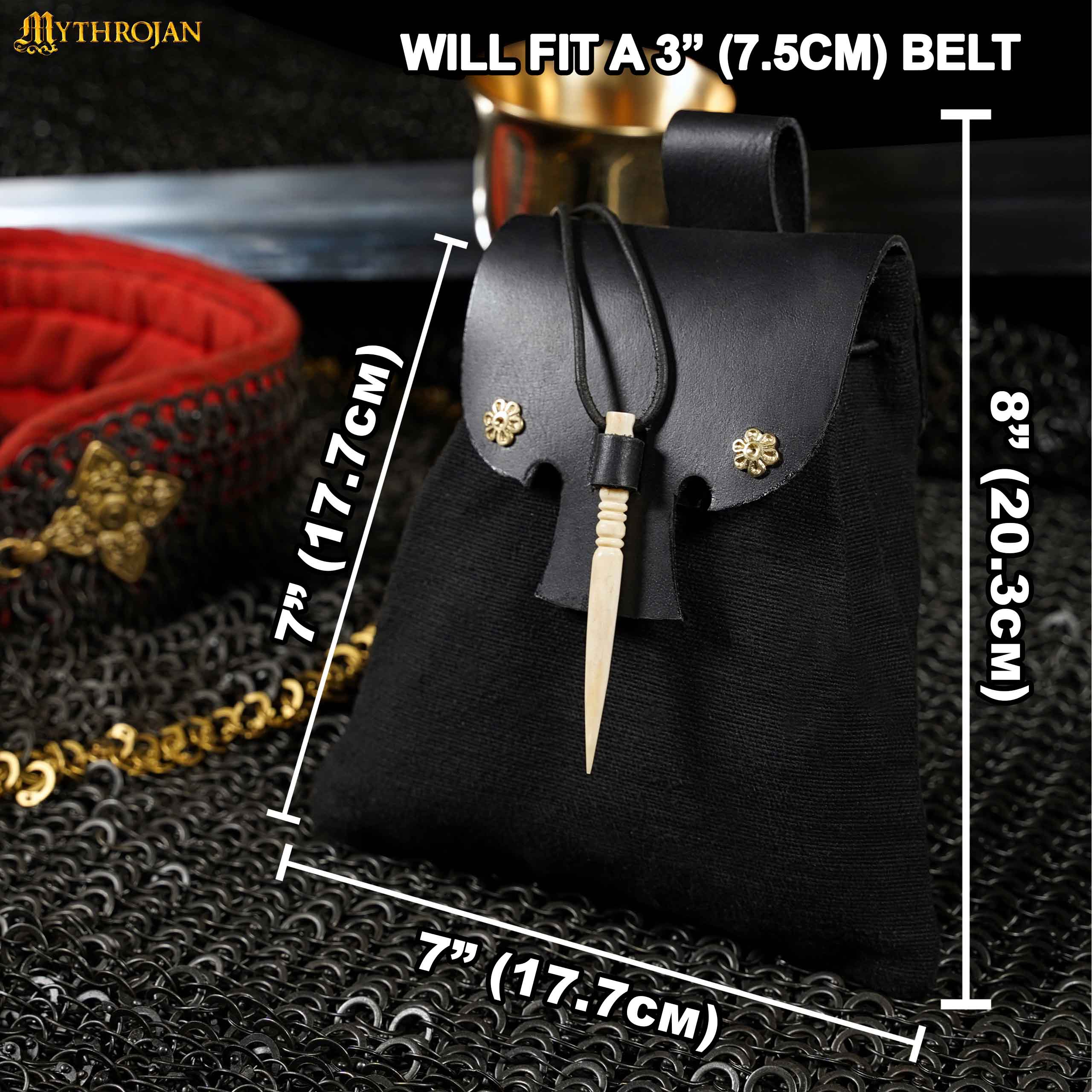 Mythrojan “Gold and Dice” Medieval Fantasy Belt Bag with Bone Needle Closure, Ideal for SCA LARP Reenactment & Ren fair, Black, 7”×7”