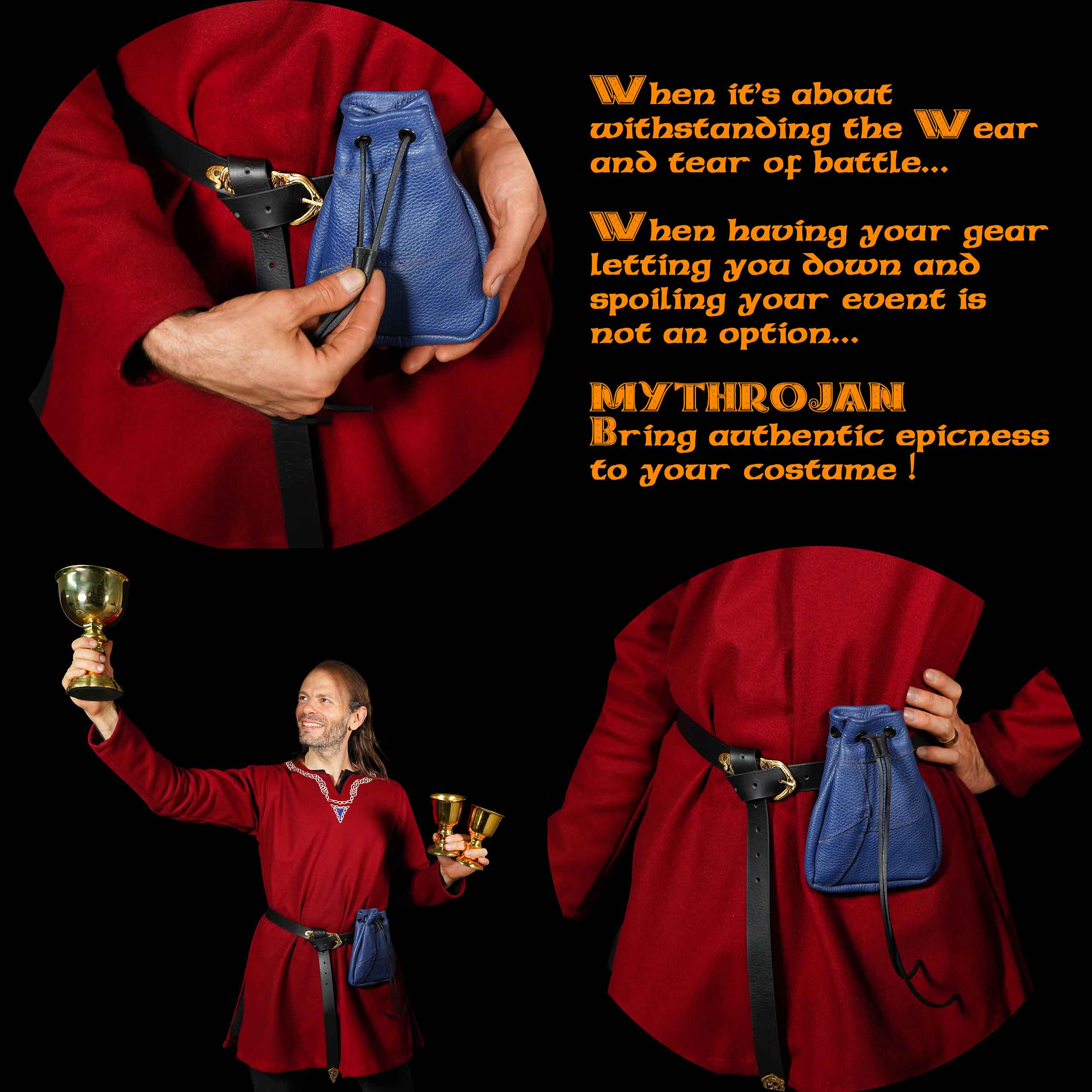 Mythrojan Medieval Drawstring Bag, Ideal for SCA LARP Reenactment & Ren fair - Full Grain Leather, Blue, 7”×5”