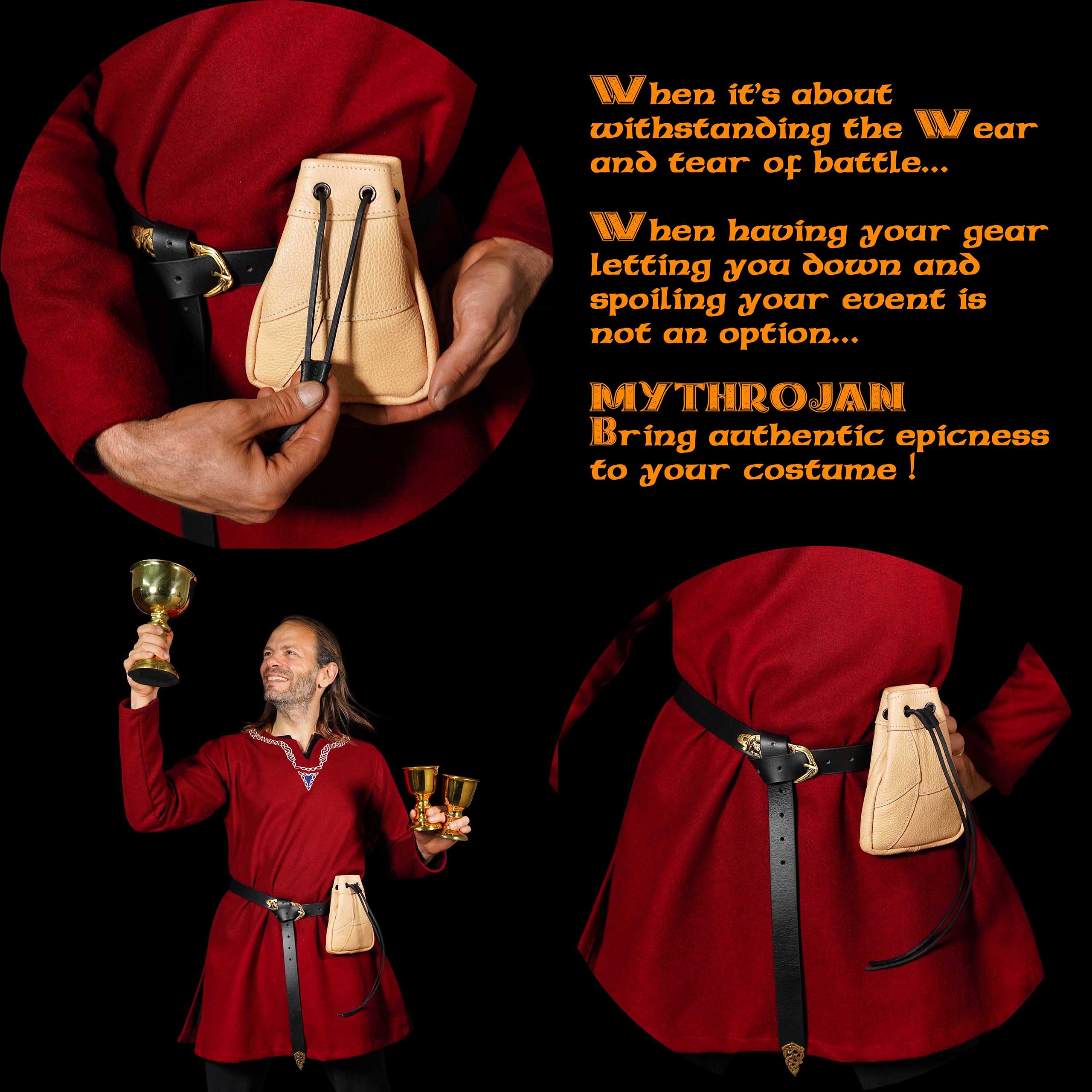 Mythrojan Medieval Drawstring Bag, Ideal for SCA LARP Reenactment & Ren fair - Full Grain Leather, Natural 7 ” ×5 ”