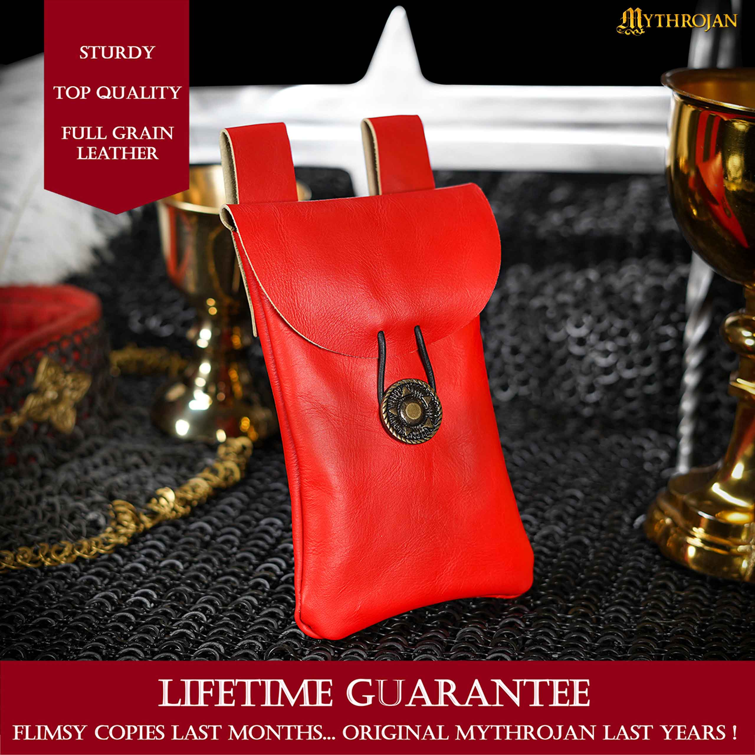 Mythrojan Leather Belt Bag, Ideal for SCA LARP Reenactment & Ren fair, Full Grain Leather, Red , 7.2 ”× 4.7 ”