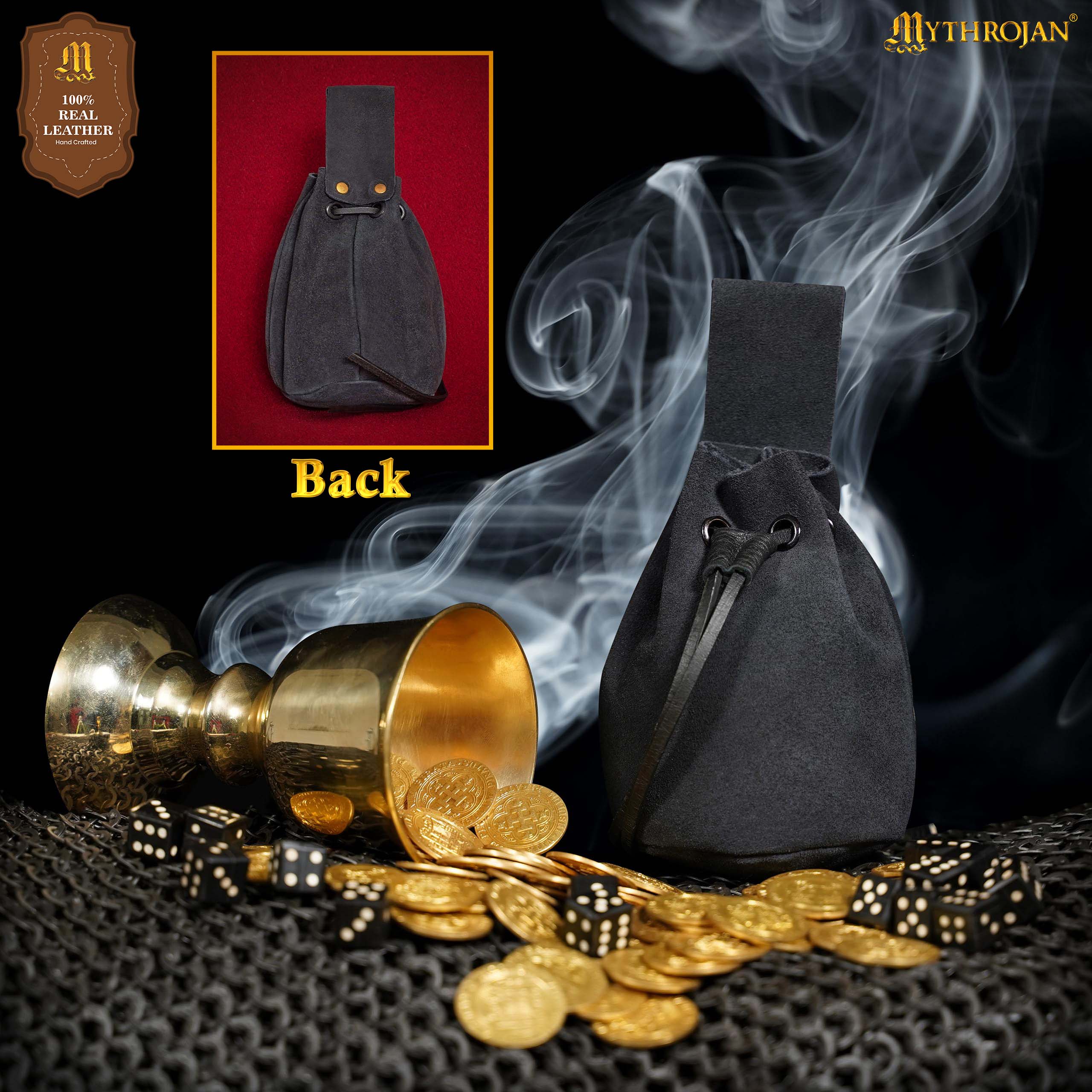 Mythrojan Medieval Drawstring Belt Bag, Ideal for SCA LARP Reenactment & Ren Fair, Suede Leather, Midnight Navyblue, 5”×6”