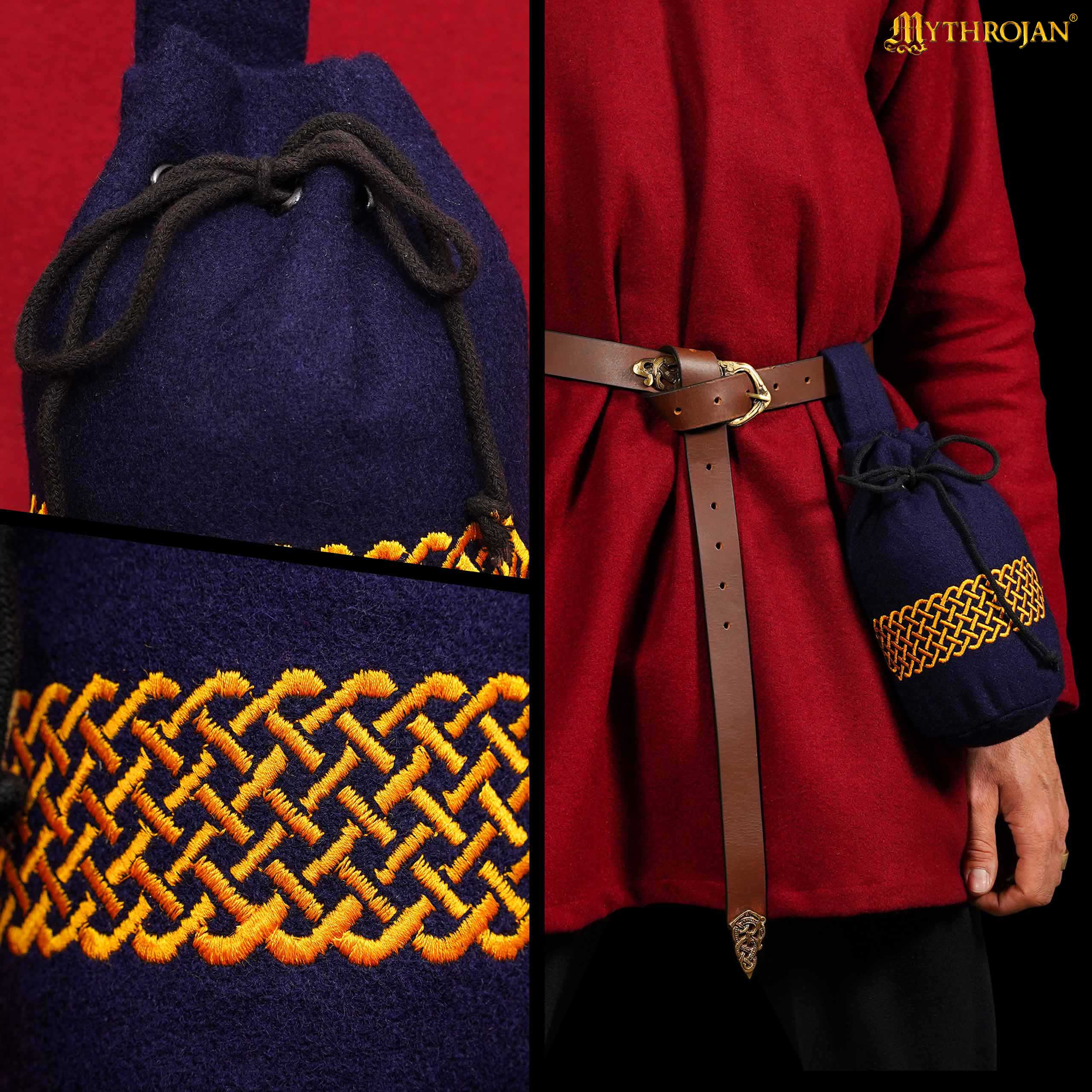 Mythrojan Embroidered Wool Drawstring Belt Pouch: Medieval Viking Celtic Bag Costume Accessories Coin Purse, 8” × 6.5”