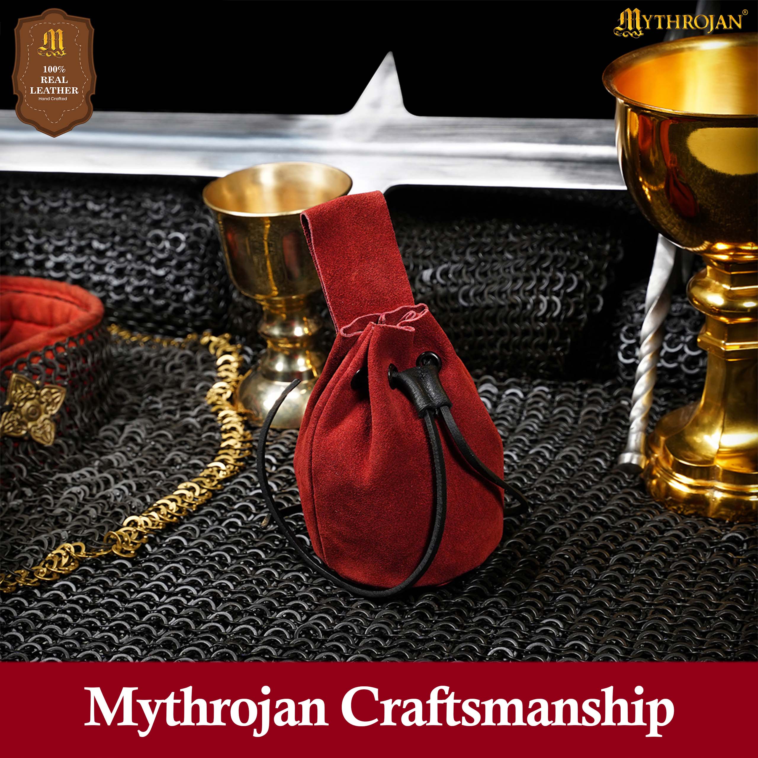 Mythrojan Medieval Drawstring Belt Bag, Ideal for SCA LARP Reenactment & Ren fair , Suede Leather , Cherry 6” ×5 ”