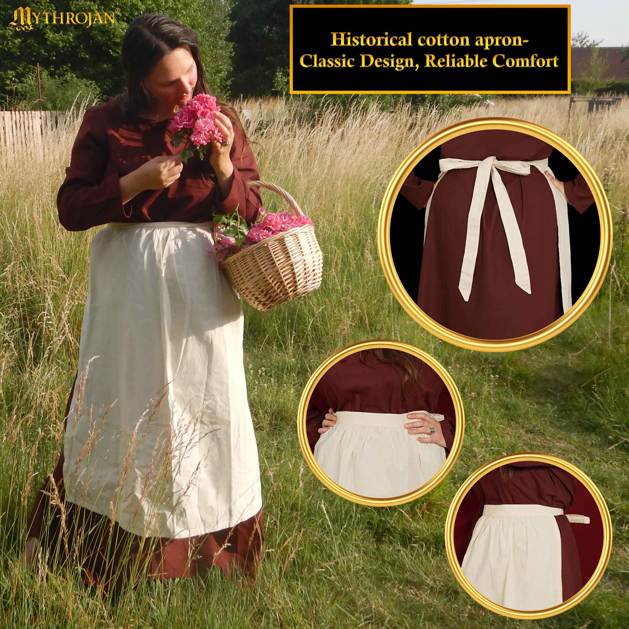 Mythrojan medieval Ecru Apron : ideal for Cooking Baking , renaissance fair, reenactment, LARP, Cosplay Performance, Maid costume, retro Waist Aprons for Women, Girls, Waitress