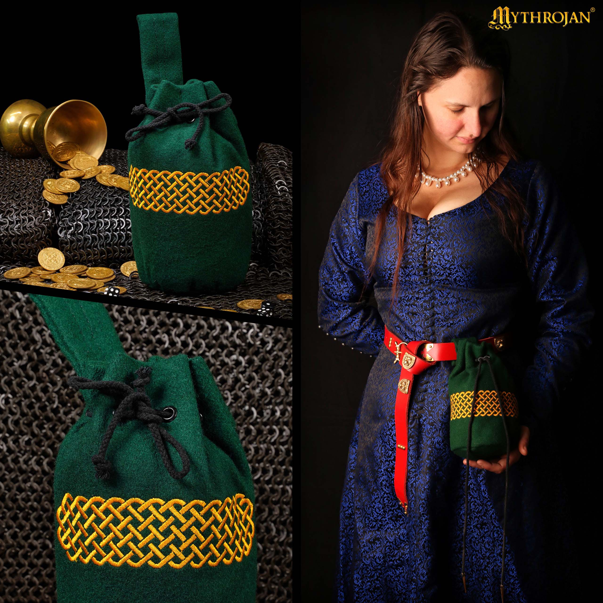Mythrojan Embroidered Wool Drawstring Belt Pouch: Medieval Viking Celtic Bag Costume Accessories Coin Purse, 8” × 6.5”
