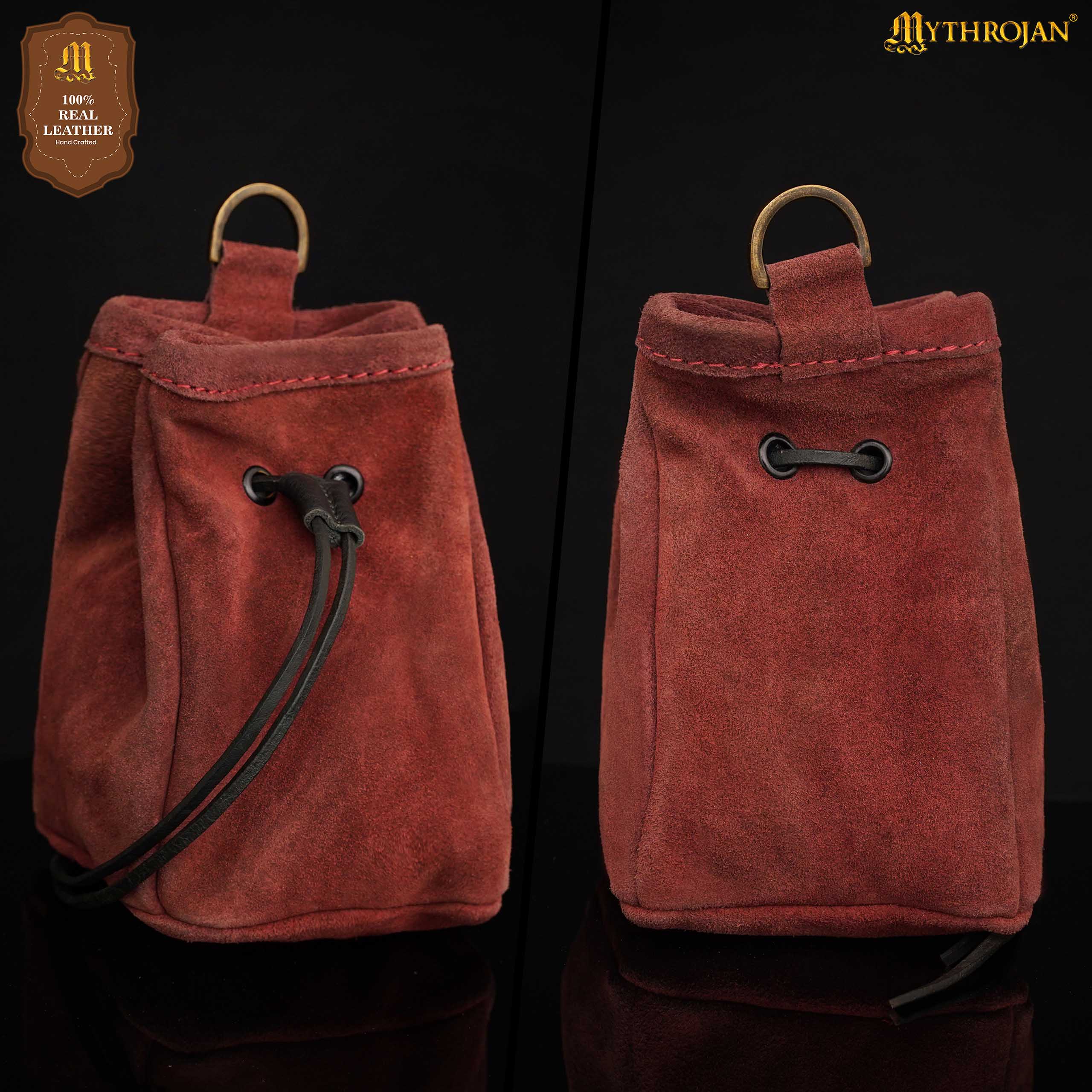 Mythrojan Medieval Drawstring Belt Bag, ideal for SCA LARP reenactment & Ren fair, Suede Leather, Burgundy, 5”×4”