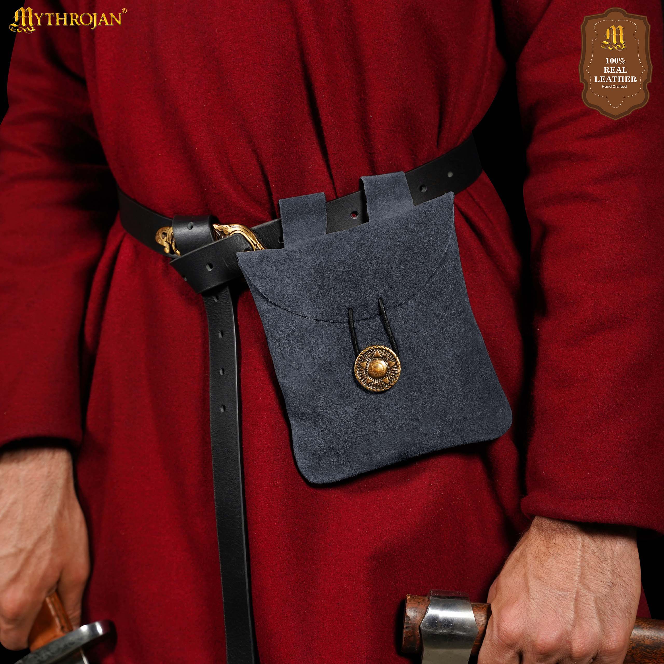 Mythrojan Medieval Renaissance Suede Jewelry Belt Pouch LARP Costume Waist Bag - Midnight Navy Blue