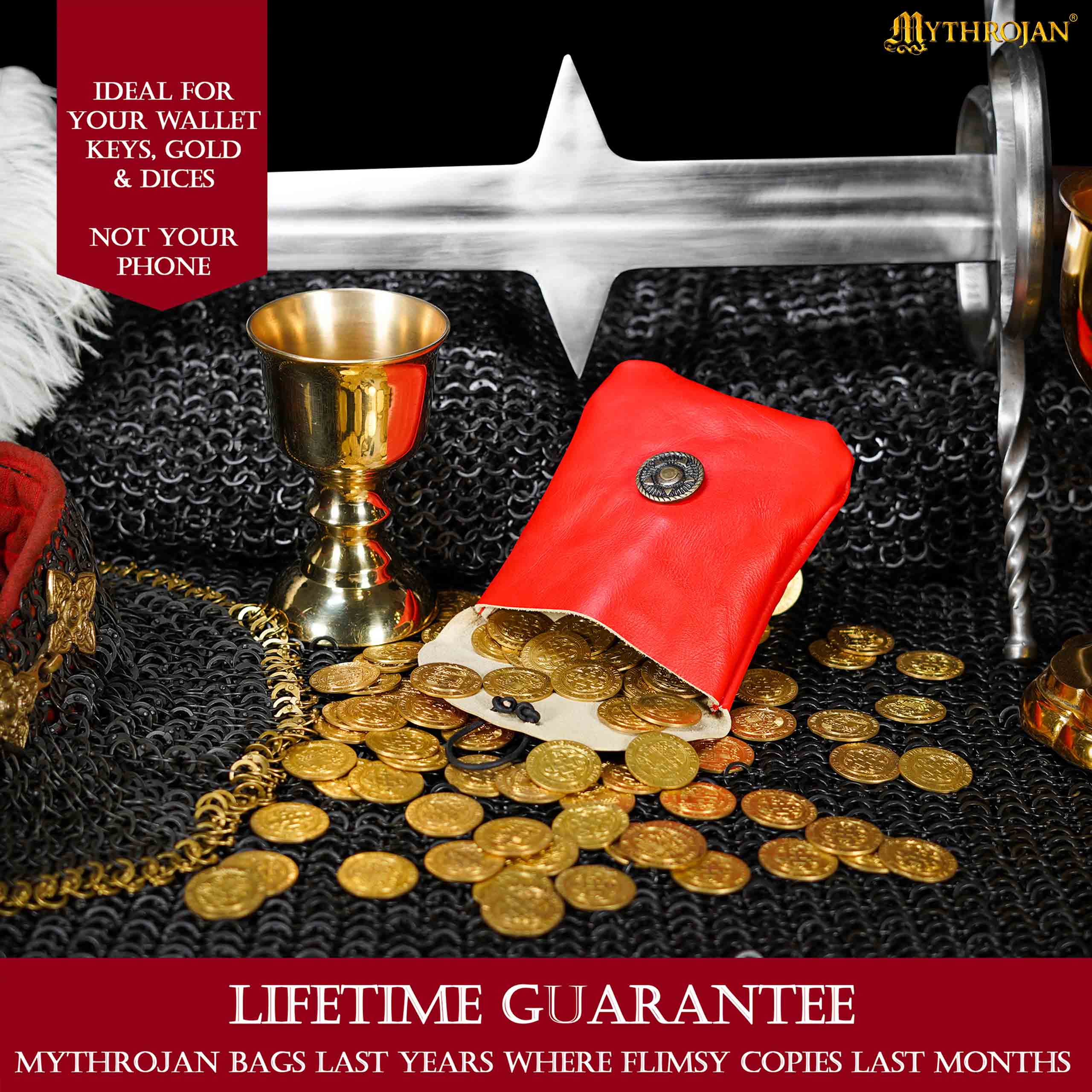 Mythrojan Leather Belt Bag, Ideal for SCA LARP Reenactment & Ren fair, Full Grain Leather, Red , 5 .5”× 5.1 ”